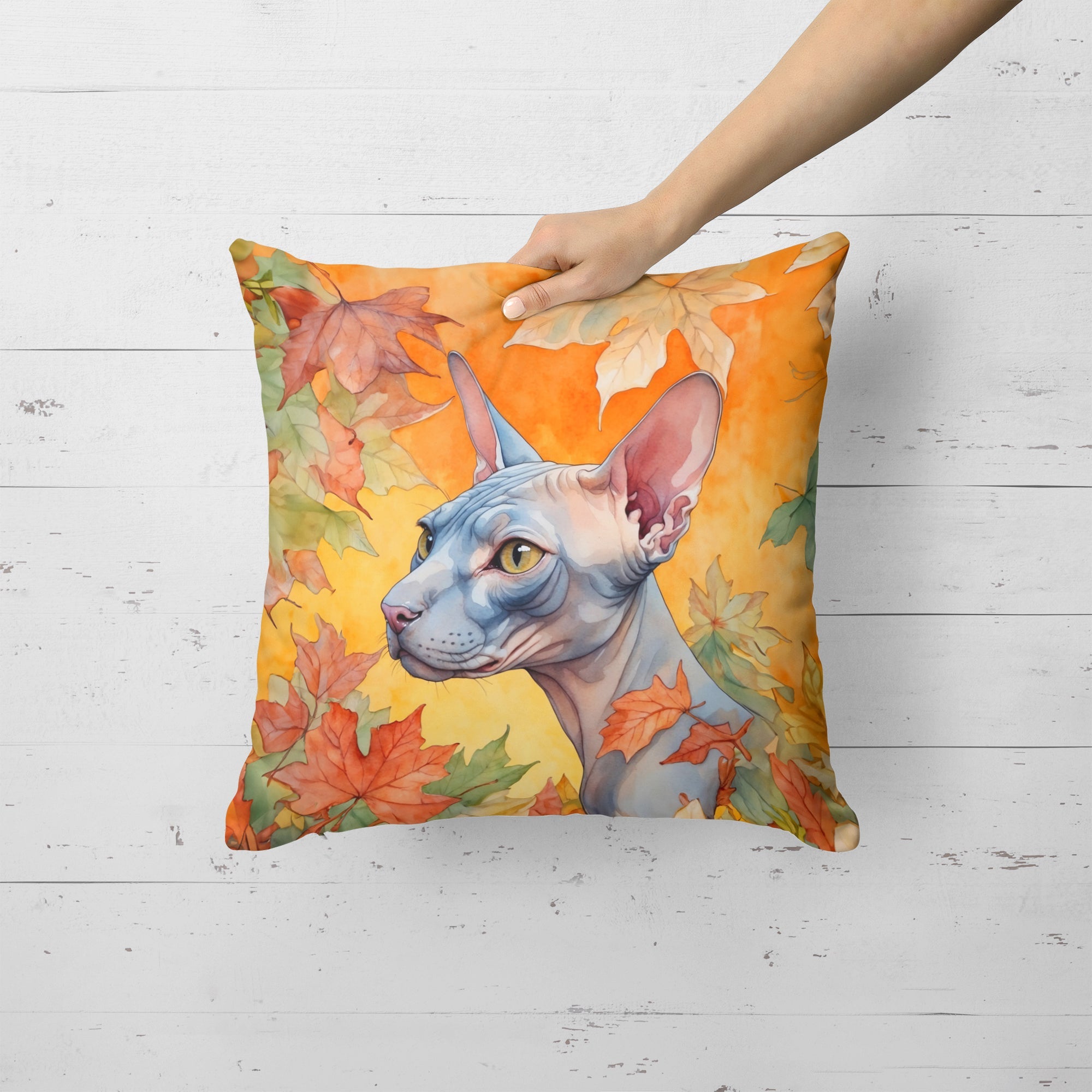 Donskoy Don Sphynx Cat in Fall Leaves Decorative Throw Pillow 18x18 Indoor Outdoor Accent Cushion, Fabric Cover with Insert for Sofa, Bed, Porch & Living Room