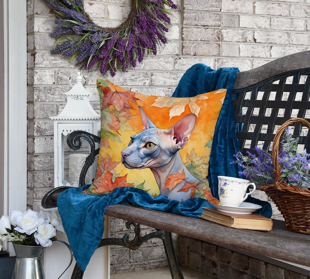 Donskoy Don Sphynx Cat in Fall Leaves Decorative Throw Pillow 18x18 Indoor Outdoor Accent Cushion, Fabric Cover with Insert for Sofa, Bed, Porch & Living Room