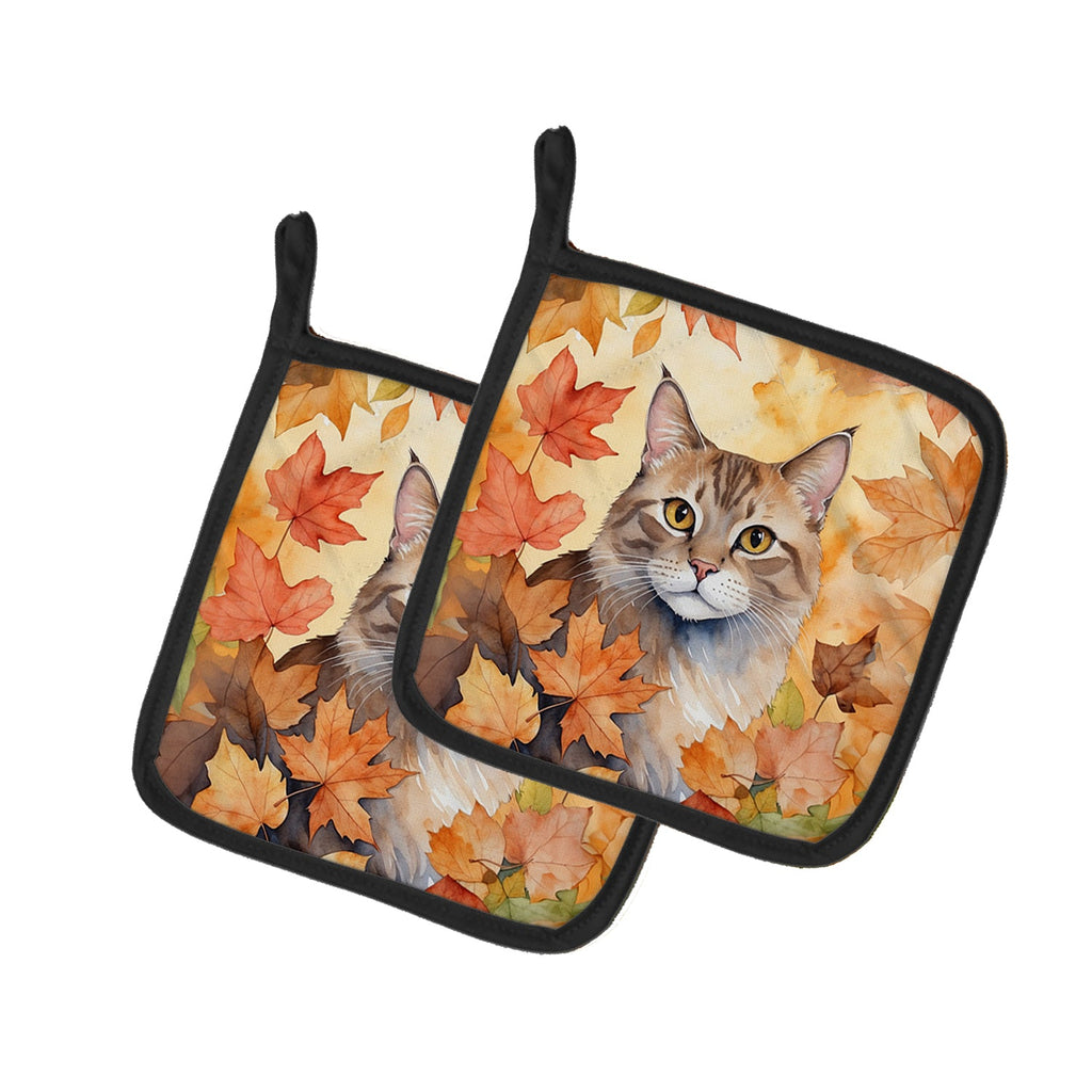 Dwelf Cat in Fall Leaves Pot Holder Set of 2 Heat Resistant Quilted Hot Pads 7.5 x 7.5 Inch, Insulated Kitchen Trivets for Cooking & Baking