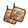 Dwelf Cat in Fall Leaves Pot Holder Set of 2 Heat Resistant Quilted Hot Pads 7.5 x 7.5 Inch, Insulated Kitchen Trivets for Cooking & Baking