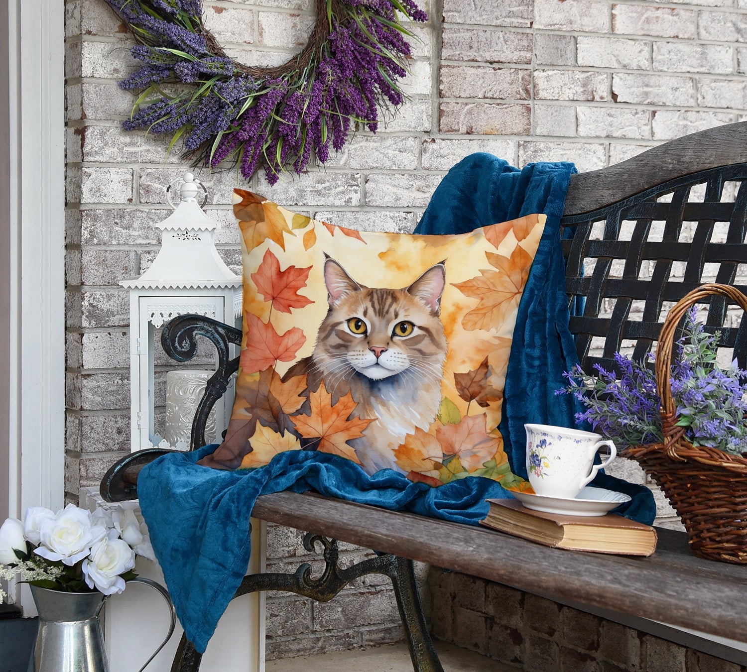 Dwelf Cat in Fall Leaves Decorative Throw Pillow 18x18 Indoor Outdoor Accent Cushion, Fabric Cover with Insert for Sofa, Bed, Porch & Living Room
