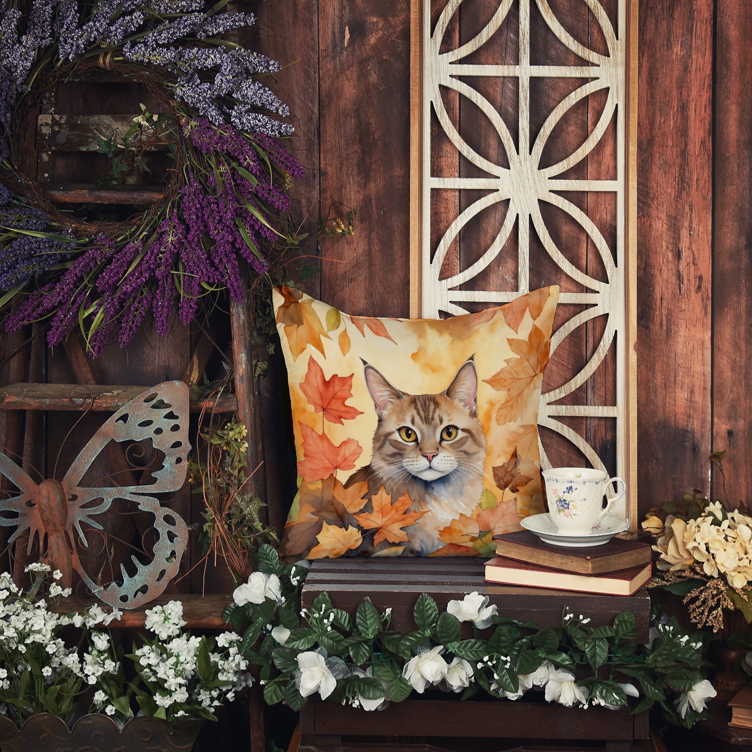 Dwelf Cat in Fall Leaves Decorative Throw Pillow 18x18 Indoor Outdoor Accent Cushion, Fabric Cover with Insert for Sofa, Bed, Porch & Living Room