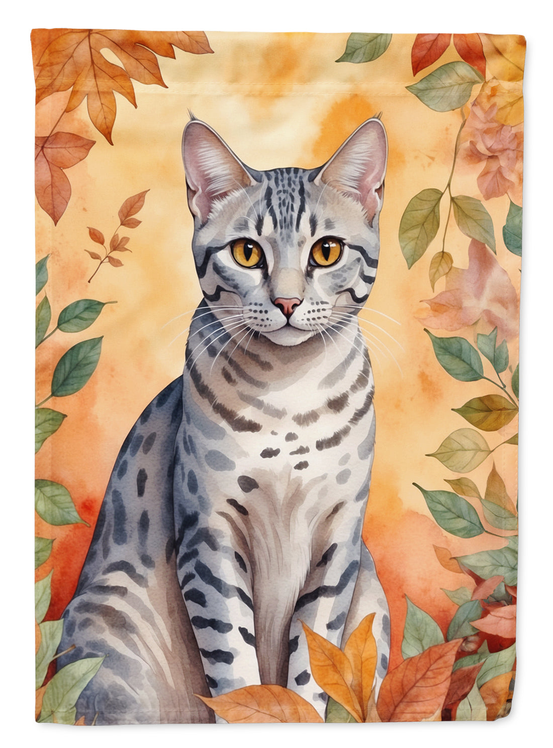 Egyptian Mau Cat in Fall Leaves House Flag 28x40 Porch Sleeve Pole Decorative Outside Yard Banner Artwork Wall Hanging, Polyester