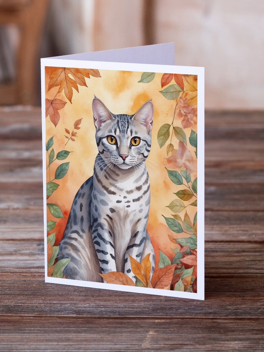 Egyptian Mau Cat in Fall Leaves Greeting Cards Pack of 8 Blank Cards with Envelopes Whimsical A7 Size 5x7