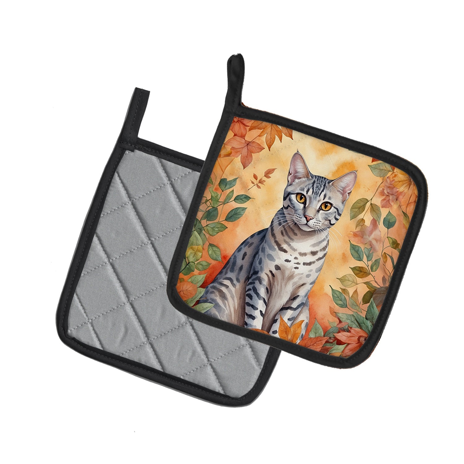 Egyptian Mau Cat in Fall Leaves Pot Holder Set of 2 Heat Resistant Quilted Hot Pads 7.5 x 7.5 Inch, Insulated Kitchen Trivets for Cooking & Baking
