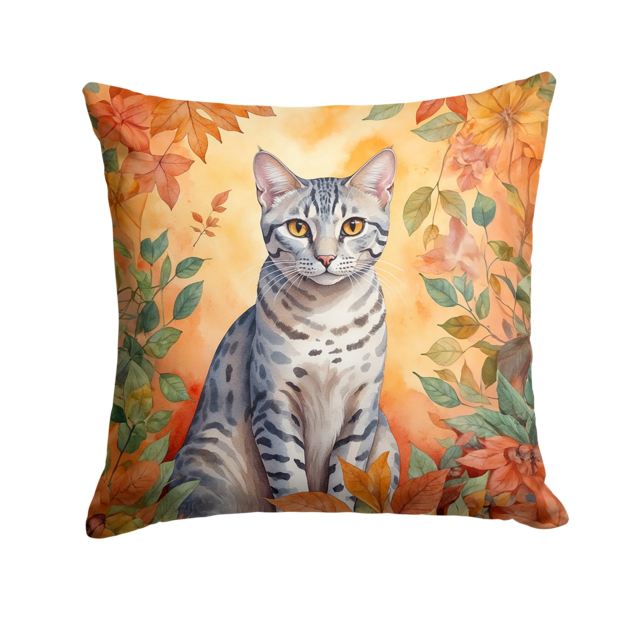 Egyptian Mau Cat in Fall Leaves Decorative Throw Pillow 14x14 Indoor Outdoor Accent Cushion, Fabric Cover with Insert for Sofa, Bed, Porch & Living Room