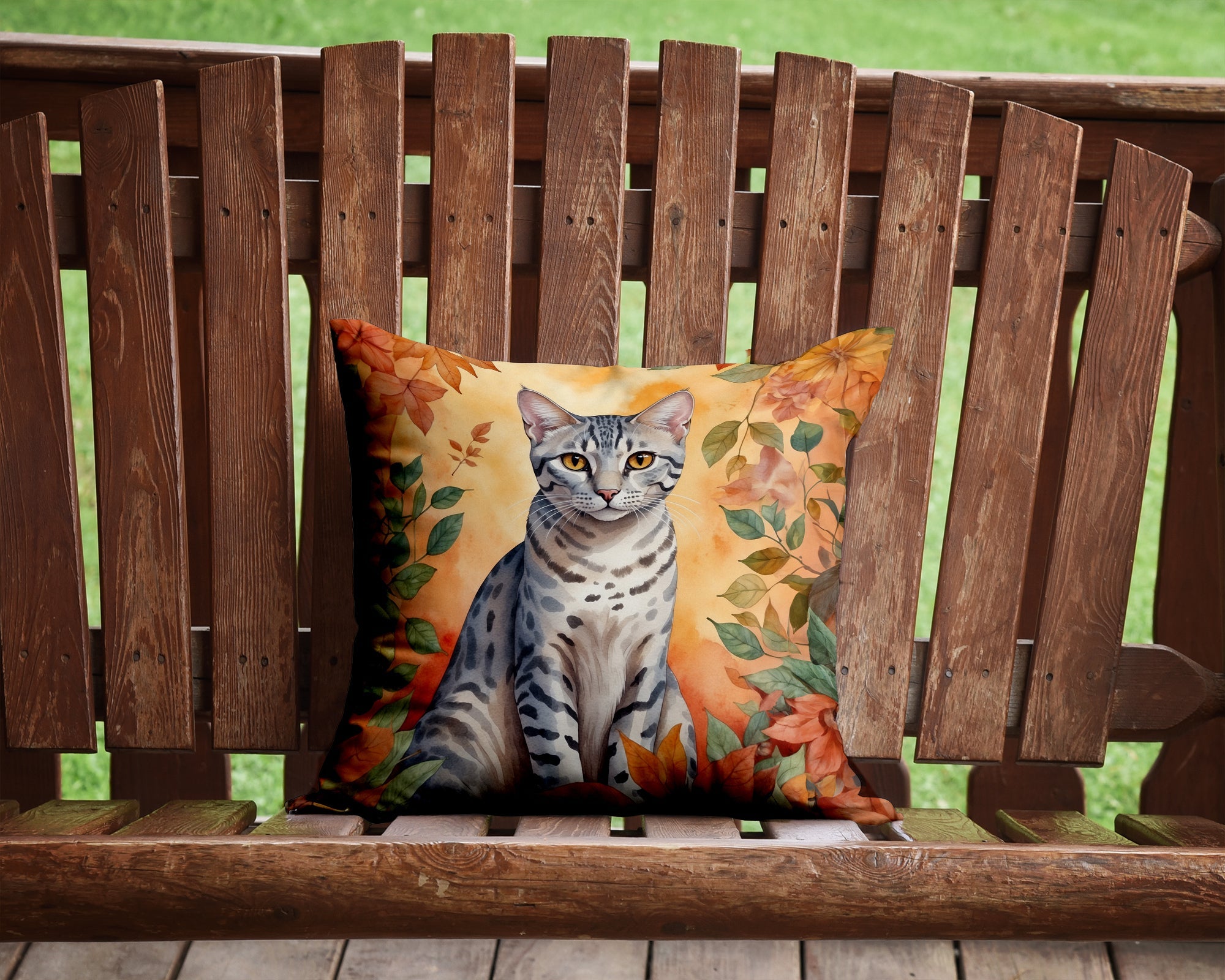 Egyptian Mau Cat in Fall Leaves Decorative Throw Pillow 14x14 Indoor Outdoor Accent Cushion, Fabric Cover with Insert for Sofa, Bed, Porch & Living Room