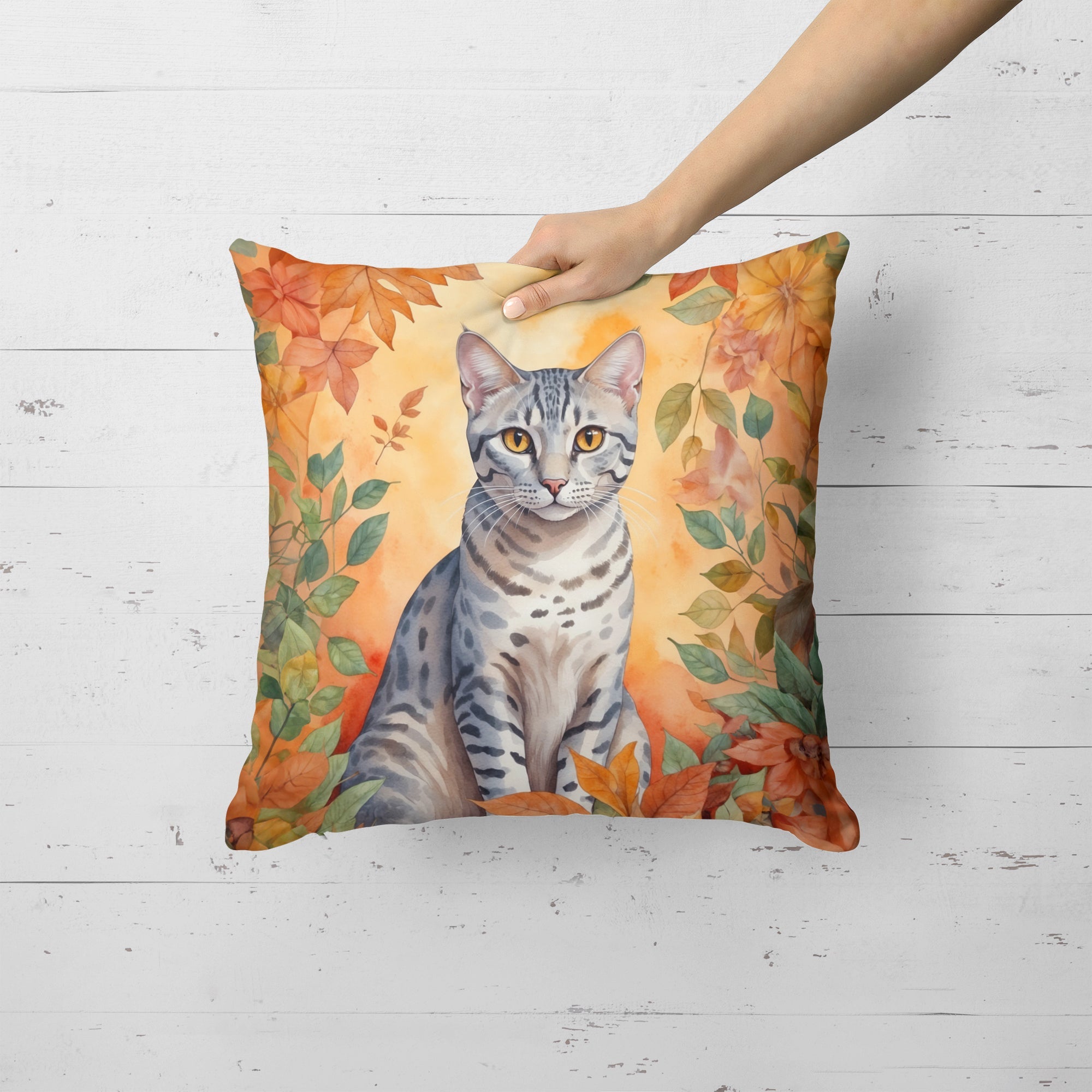 Egyptian Mau Cat in Fall Leaves Decorative Throw Pillow 18x18 Indoor Outdoor Accent Cushion, Fabric Cover with Insert for Sofa, Bed, Porch & Living Room