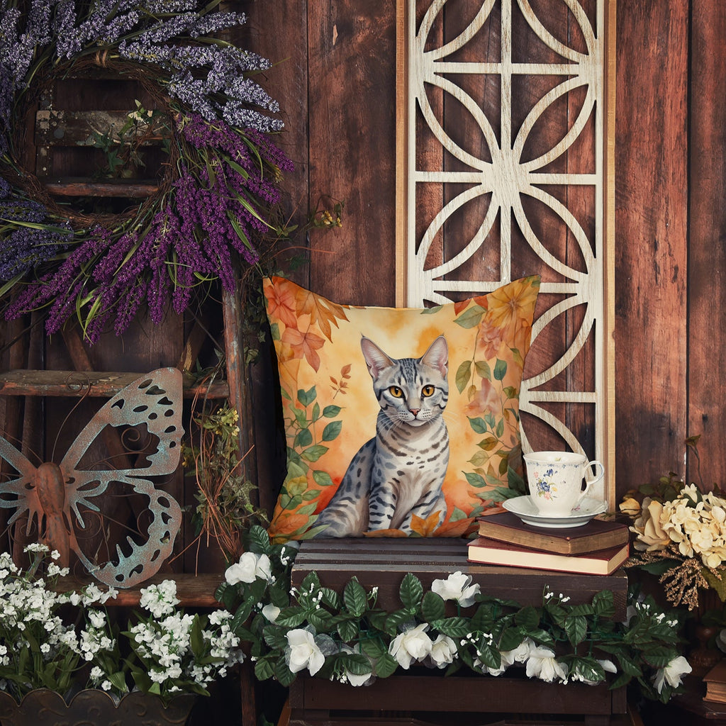 Egyptian Mau Cat in Fall Leaves Decorative Throw Pillow 18x18 Indoor Outdoor Accent Cushion, Fabric Cover with Insert for Sofa, Bed, Porch & Living Room