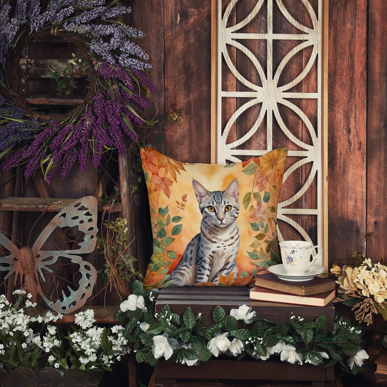 Egyptian Mau Cat in Fall Leaves Decorative Throw Pillow 18x18 Indoor Outdoor Accent Cushion, Fabric Cover with Insert for Sofa, Bed, Porch & Living Room