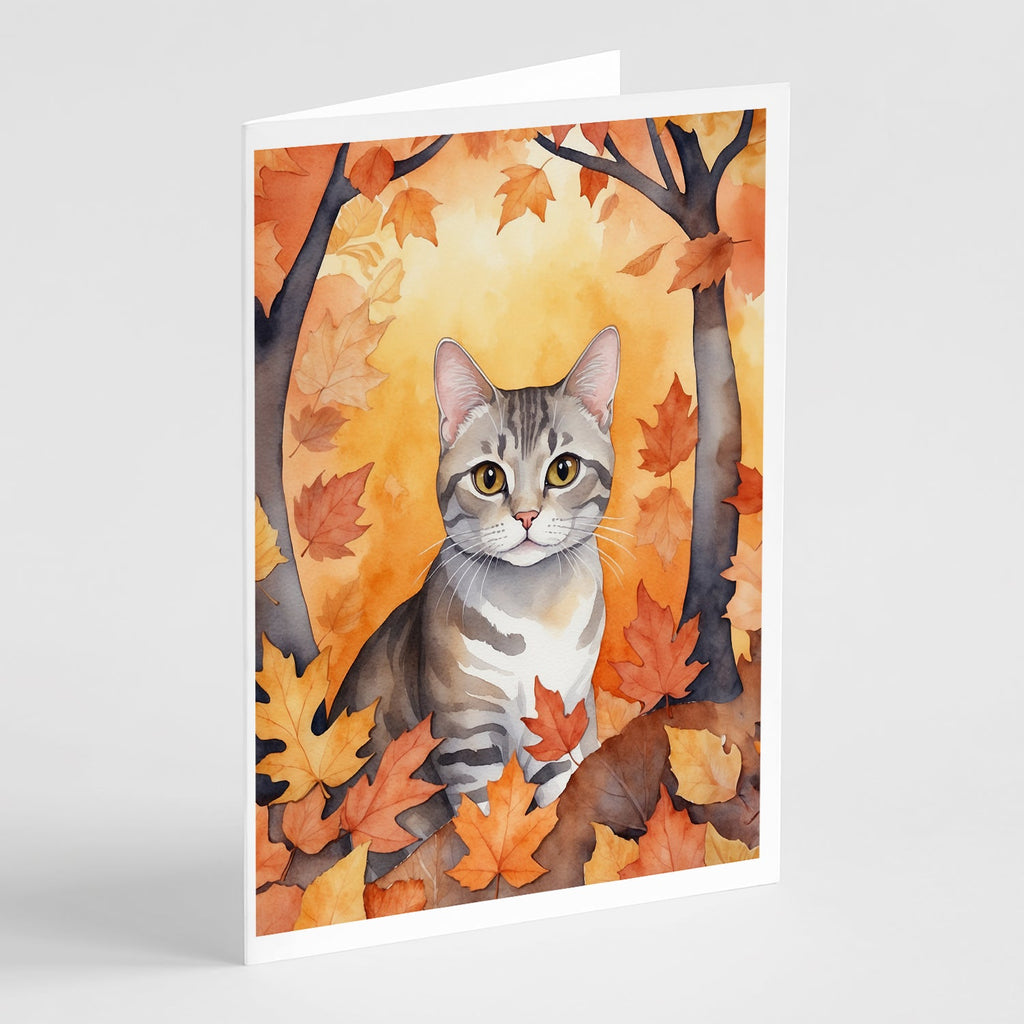 European Shorthair Cat in Fall Leaves Greeting Cards Pack of 8 Blank Cards with Envelopes Whimsical A7 Size 5x7