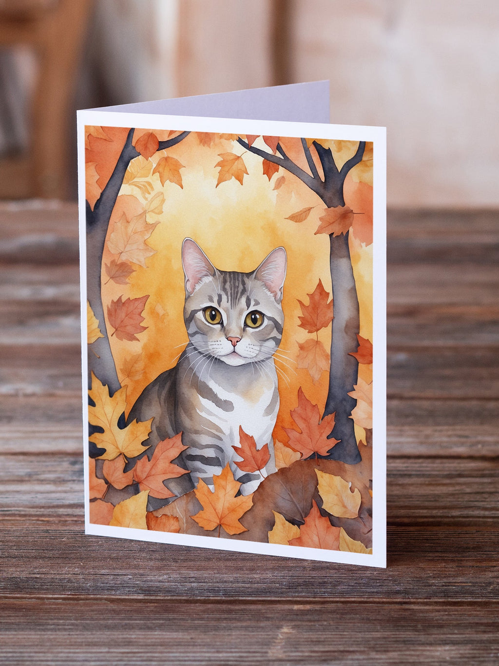 European Shorthair Cat in Fall Leaves Greeting Cards Pack of 8 Blank Cards with Envelopes Whimsical A7 Size 5x7