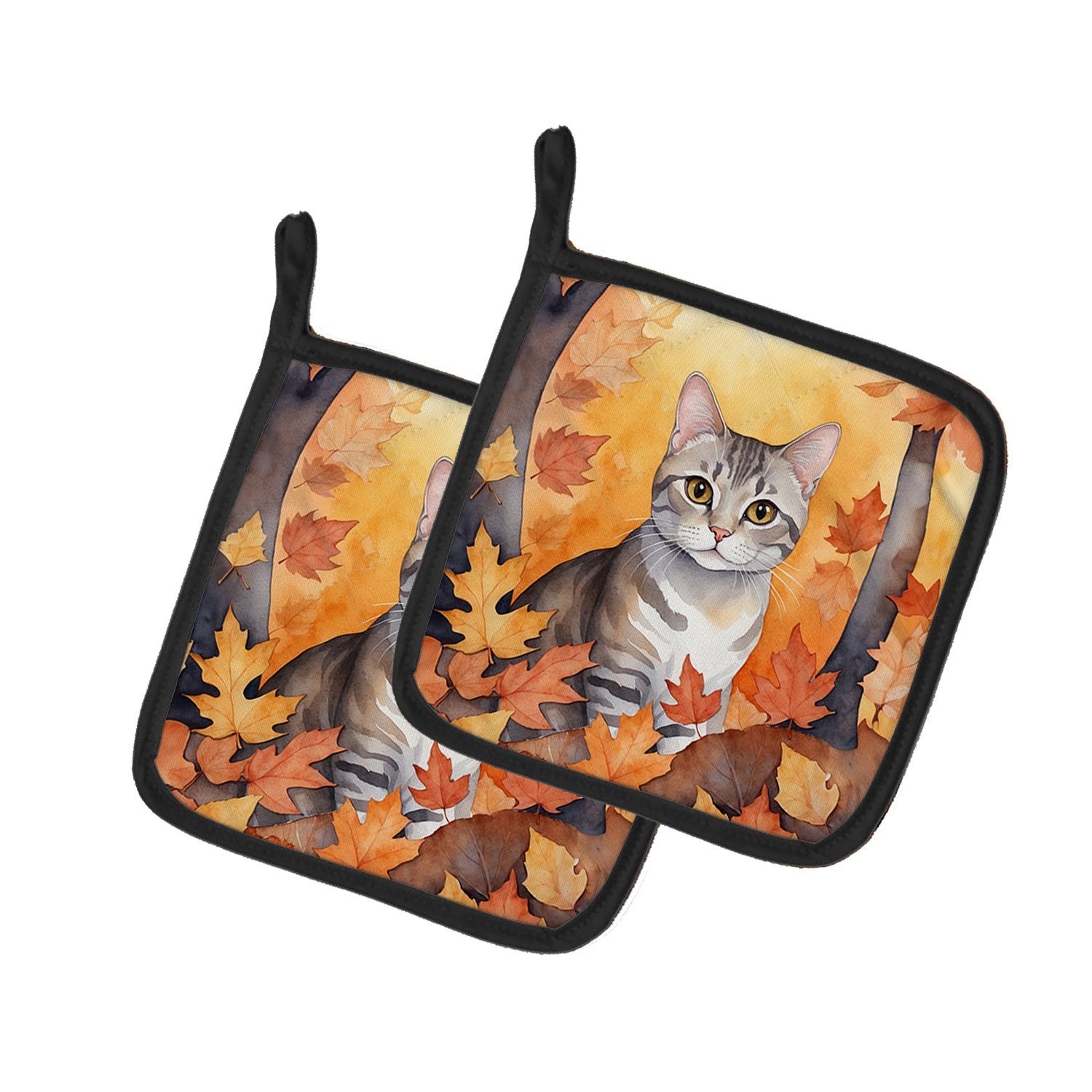 European Shorthair Cat in Fall Leaves Pot Holder Set of 2 Heat Resistant Quilted Hot Pads 7.5 x 7.5 Inch, Insulated Kitchen Trivets for Cooking & Baking