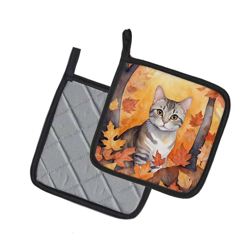 European Shorthair Cat in Fall Leaves Pot Holder Set of 2 Heat Resistant Quilted Hot Pads 7.5 x 7.5 Inch, Insulated Kitchen Trivets for Cooking & Baking