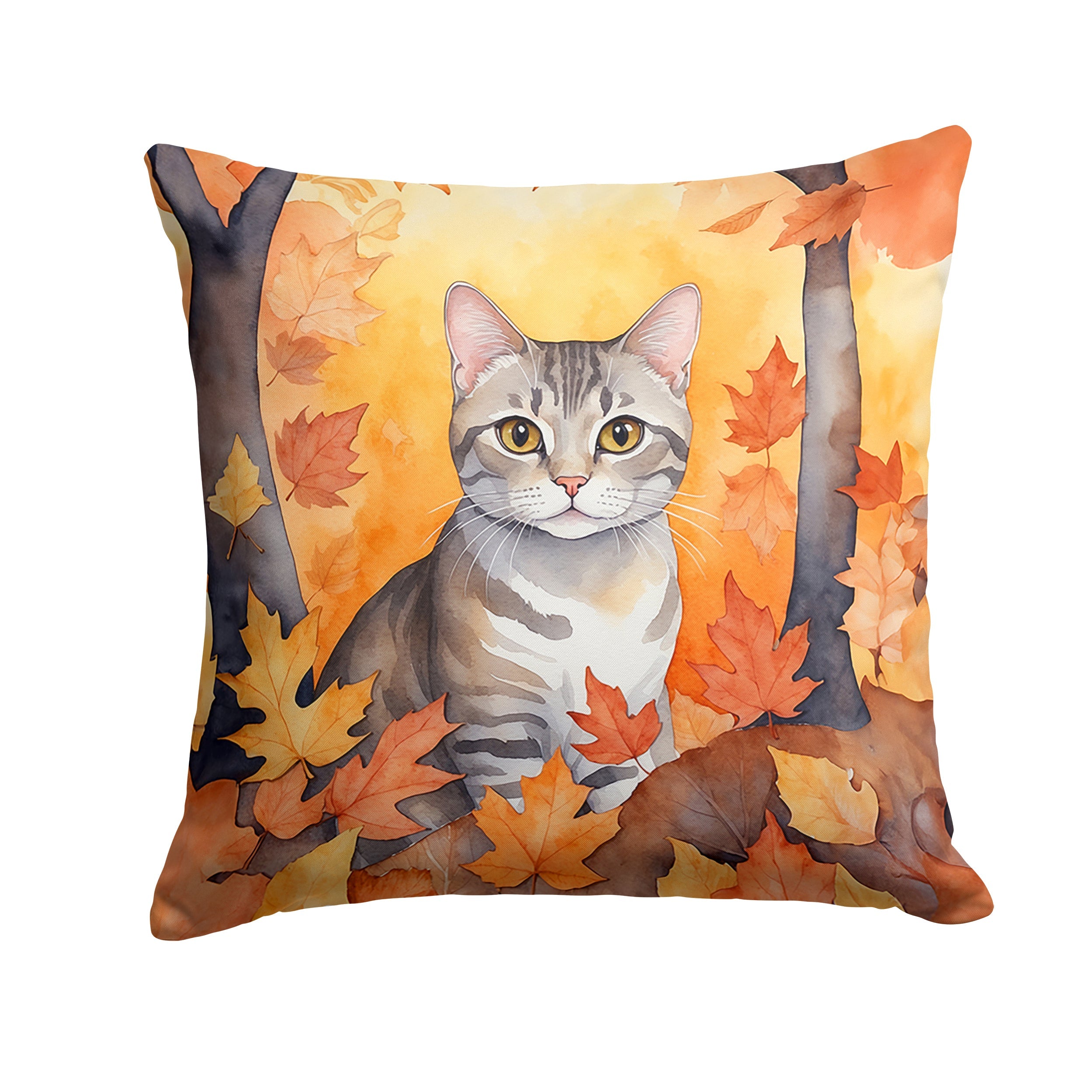 European Shorthair Cat in Fall Leaves Decorative Throw Pillow 14x14 Indoor Outdoor Accent Cushion, Fabric Cover with Insert for Sofa, Bed, Porch & Living Room
