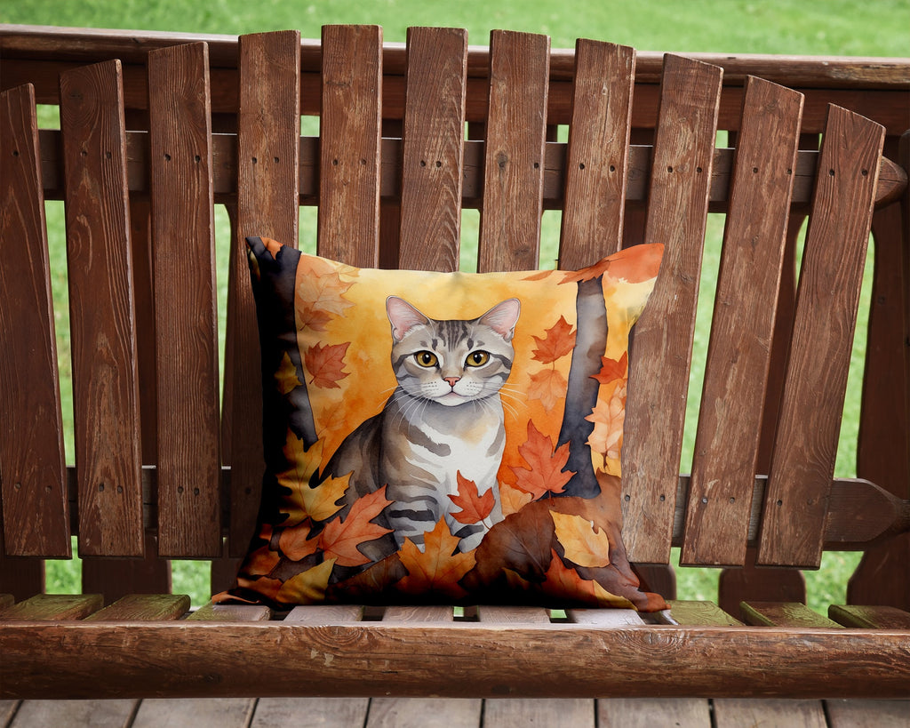 European Shorthair Cat in Fall Leaves Decorative Throw Pillow 14x14 Indoor Outdoor Accent Cushion, Fabric Cover with Insert for Sofa, Bed, Porch & Living Room