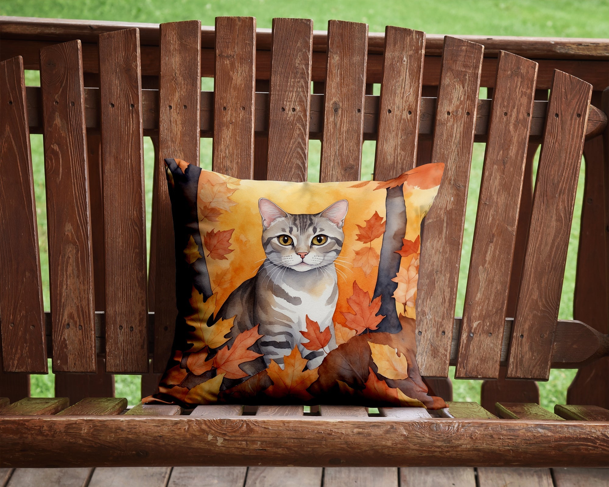 European Shorthair Cat in Fall Leaves Decorative Throw Pillow 14x14 Indoor Outdoor Accent Cushion, Fabric Cover with Insert for Sofa, Bed, Porch & Living Room