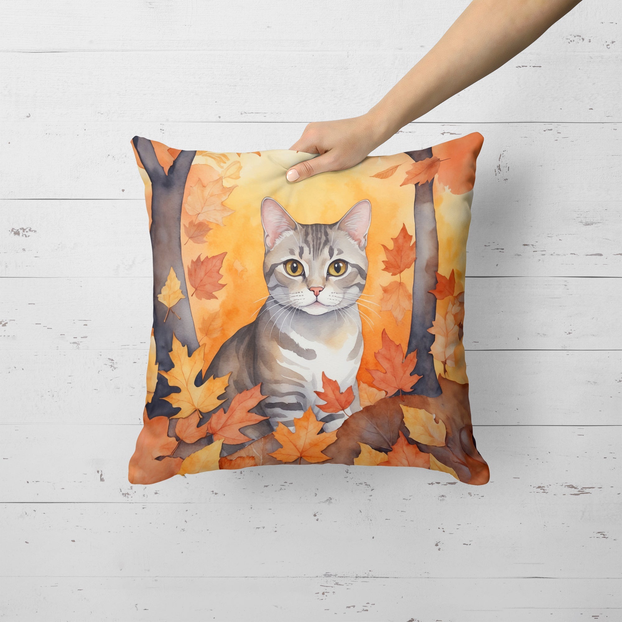 European Shorthair Cat in Fall Leaves Decorative Throw Pillow 18x18 Indoor Outdoor Accent Cushion, Fabric Cover with Insert for Sofa, Bed, Porch & Living Room