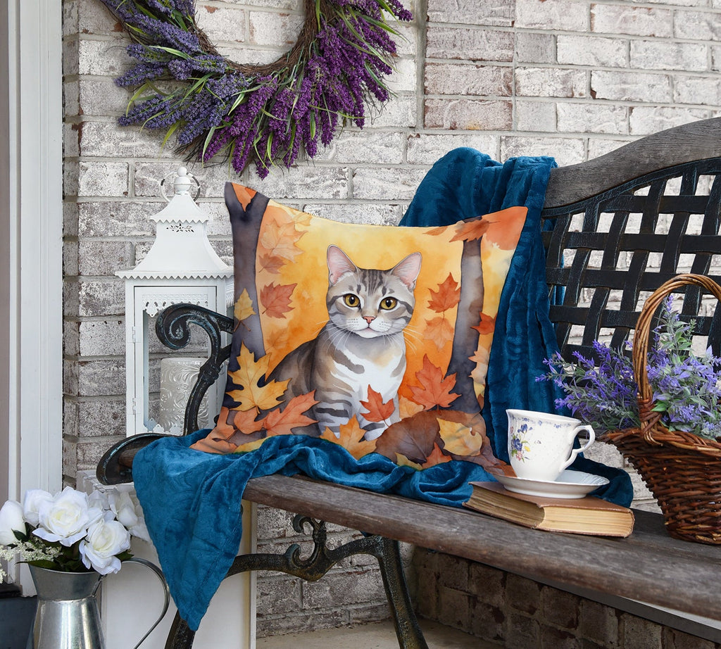 European Shorthair Cat in Fall Leaves Decorative Throw Pillow 18x18 Indoor Outdoor Accent Cushion, Fabric Cover with Insert for Sofa, Bed, Porch & Living Room