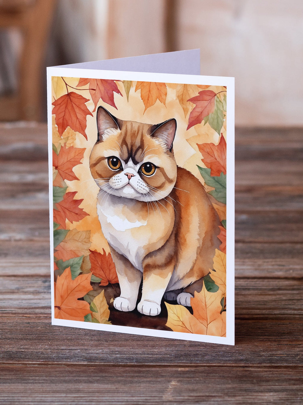 Exotic Shorthair Cat in Fall Leaves Greeting Cards Pack of 8 Blank Cards with Envelopes Whimsical A7 Size 5x7