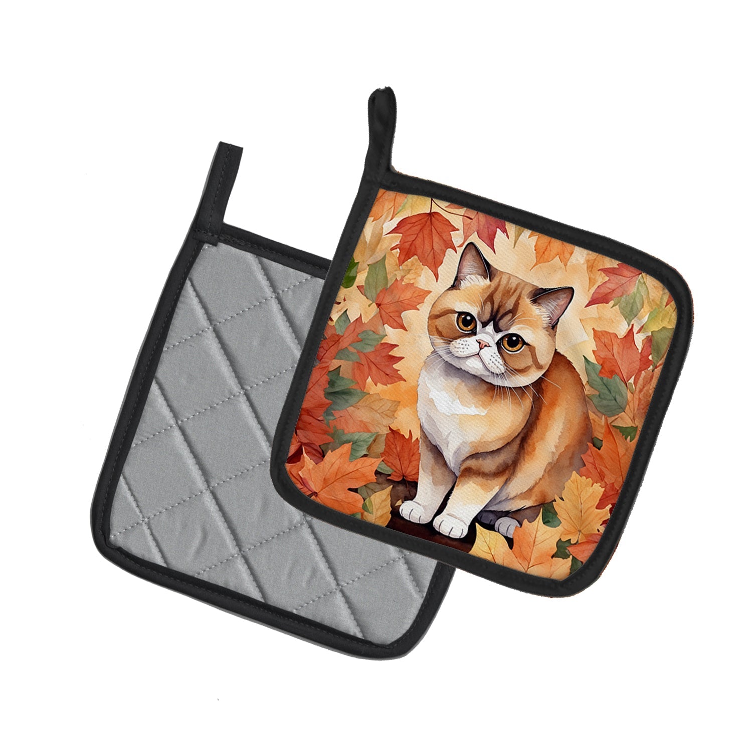 Exotic Shorthair Cat in Fall Leaves Pot Holder Set of 2 Heat Resistant Quilted Hot Pads 7.5 x 7.5 Inch, Insulated Kitchen Trivets for Cooking & Baking