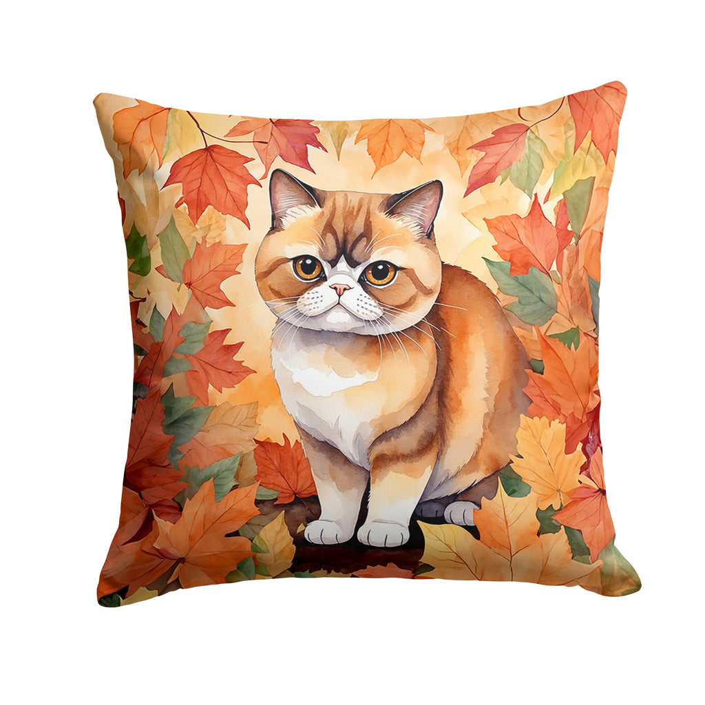 Exotic Shorthair Cat in Fall Leaves Decorative Throw Pillow 14x14 Indoor Outdoor Accent Cushion, Fabric Cover with Insert for Sofa, Bed, Porch & Living Room