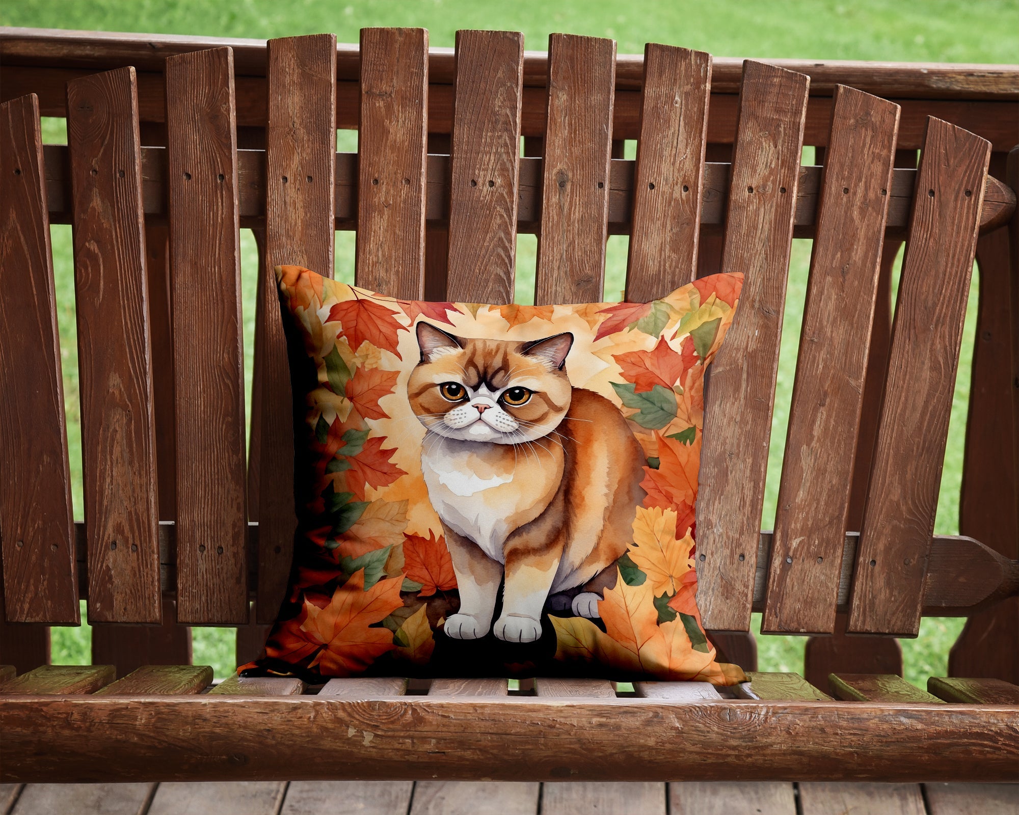 Exotic Shorthair Cat in Fall Leaves Decorative Throw Pillow 14x14 Indoor Outdoor Accent Cushion, Fabric Cover with Insert for Sofa, Bed, Porch & Living Room
