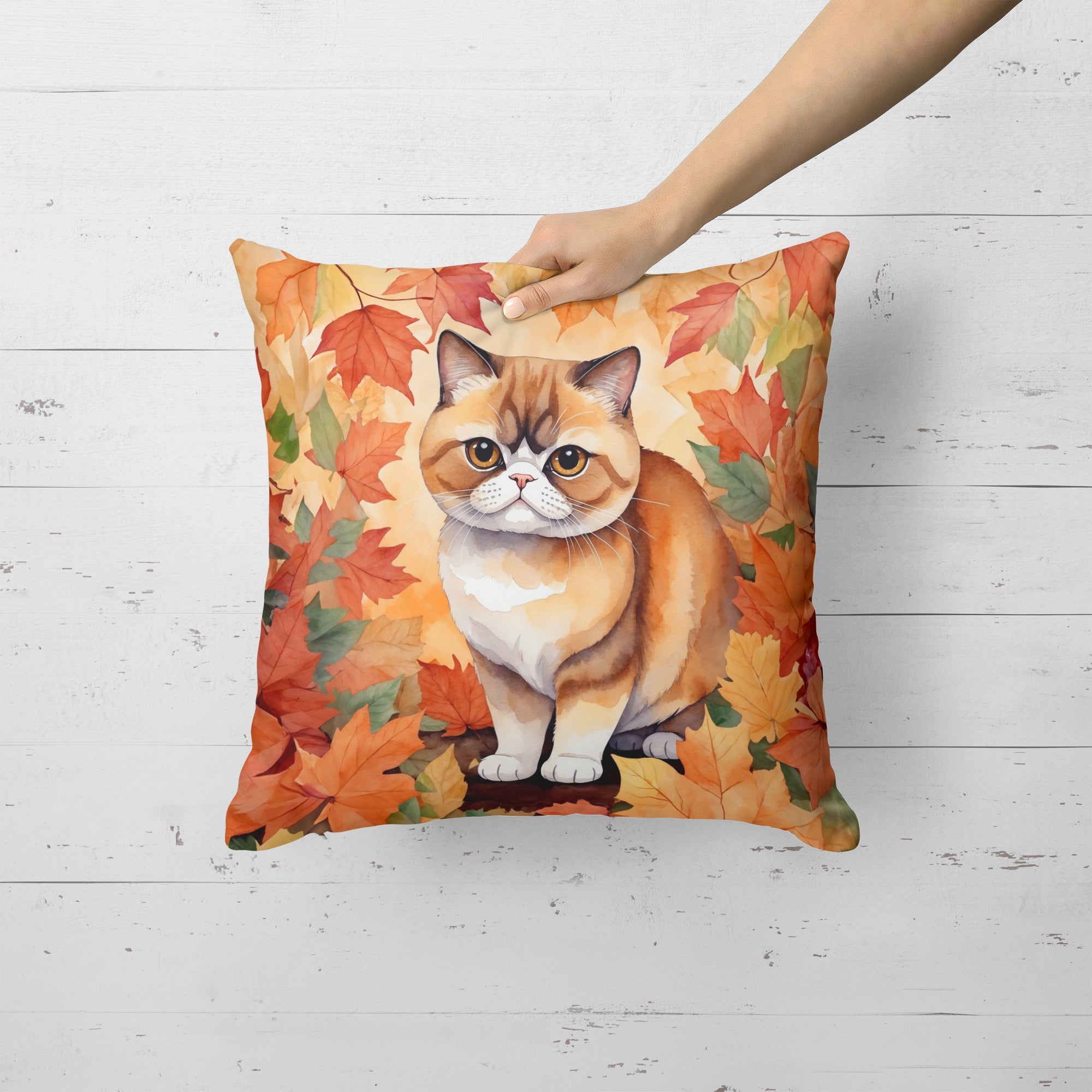 Exotic Shorthair Cat in Fall Leaves Decorative Throw Pillow 18x18 Indoor Outdoor Accent Cushion, Fabric Cover with Insert for Sofa, Bed, Porch & Living Room