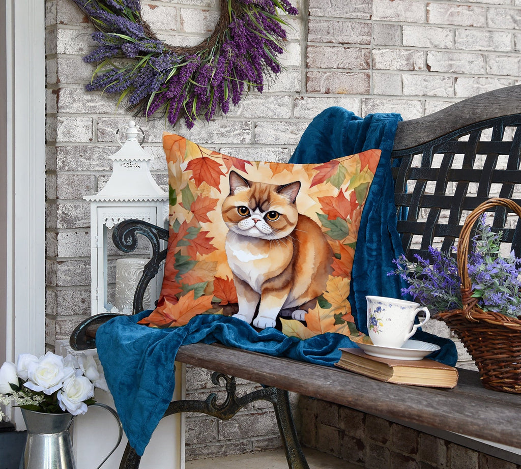 Exotic Shorthair Cat in Fall Leaves Decorative Throw Pillow 18x18 Indoor Outdoor Accent Cushion, Fabric Cover with Insert for Sofa, Bed, Porch & Living Room