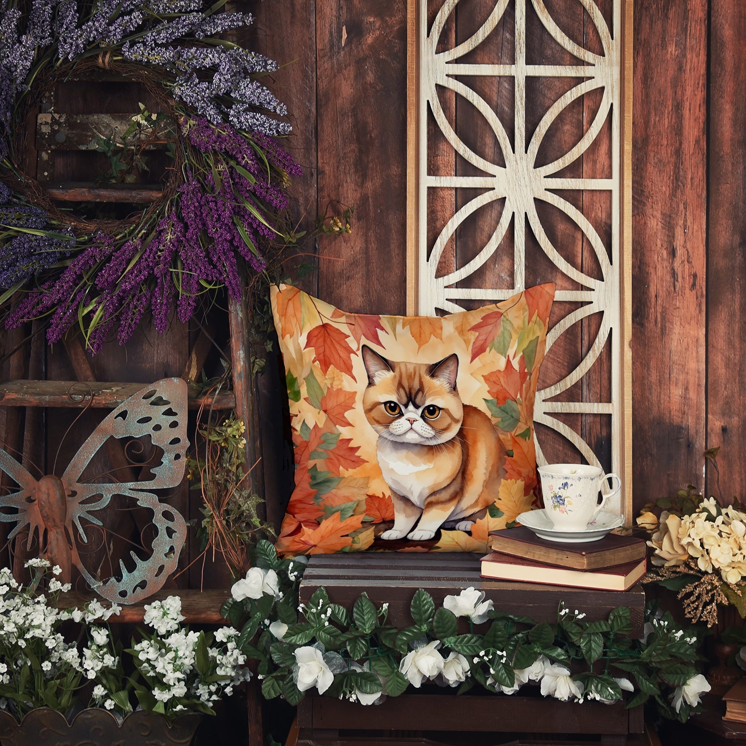 Exotic Shorthair Cat in Fall Leaves Decorative Throw Pillow 18x18 Indoor Outdoor Accent Cushion, Fabric Cover with Insert for Sofa, Bed, Porch & Living Room