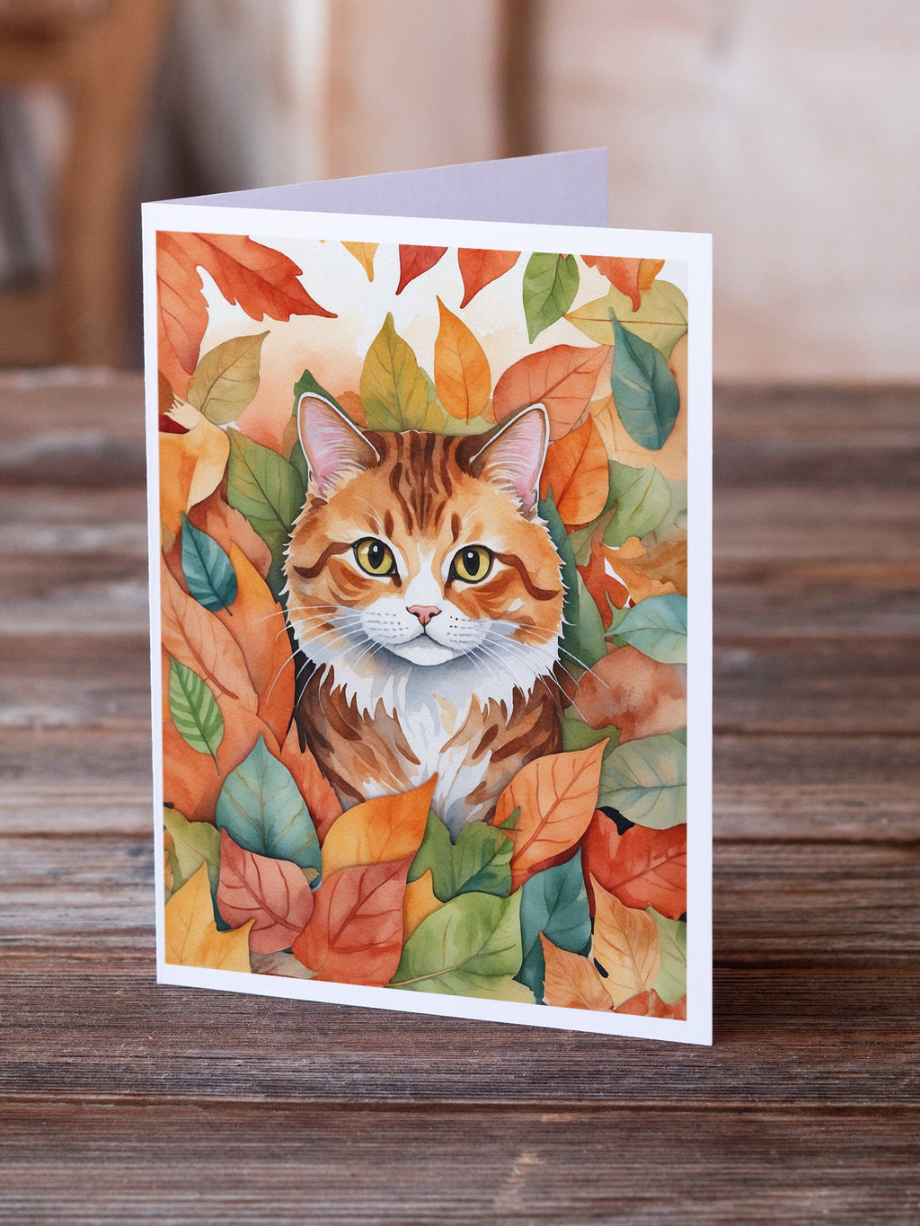 Foldex Exotic Fold Cat in Fall Leaves Greeting Cards Pack of 8 Blank Cards with Envelopes Whimsical A7 Size 5x7