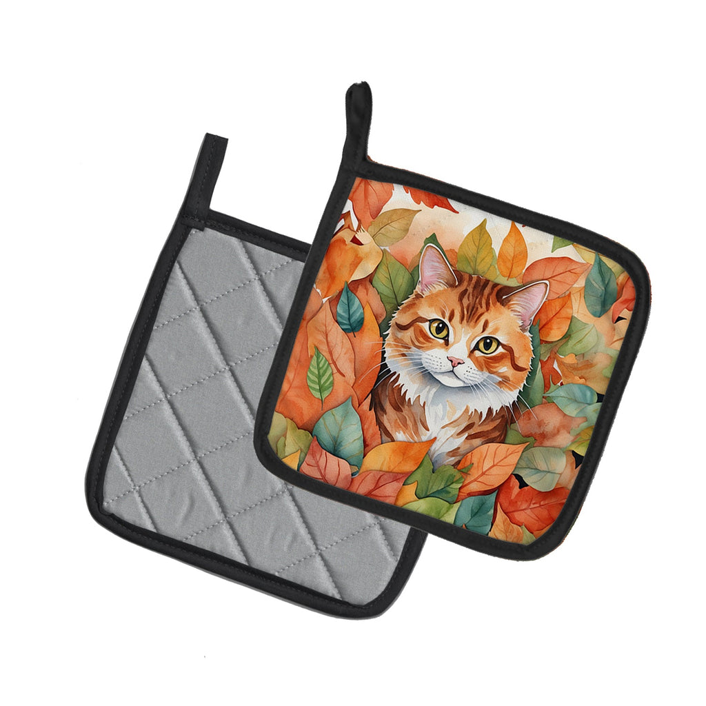 Foldex Exotic Fold Cat in Fall Leaves Pot Holder Set of 2 Heat Resistant Quilted Hot Pads 7.5 x 7.5 Inch, Insulated Kitchen Trivets for Cooking & Baking