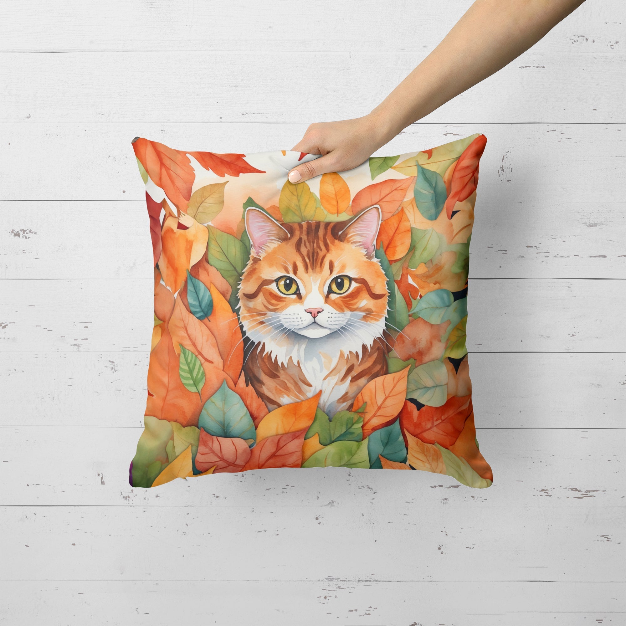 Foldex Exotic Fold Cat in Fall Leaves Decorative Throw Pillow 18x18 Indoor Outdoor Accent Cushion, Fabric Cover with Insert for Sofa, Bed, Porch & Living Room