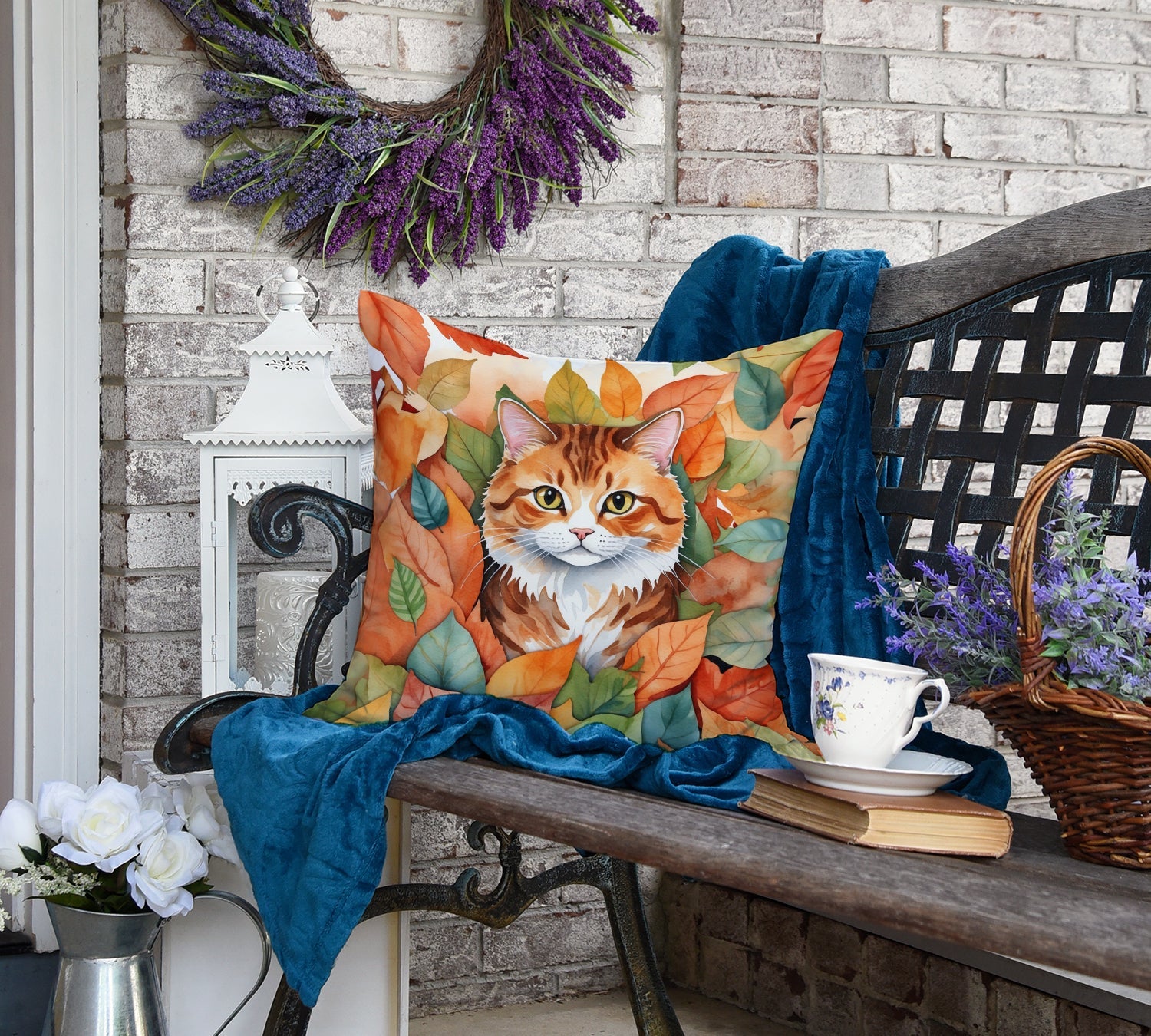 Foldex Exotic Fold Cat in Fall Leaves Decorative Throw Pillow 18x18 Indoor Outdoor Accent Cushion, Fabric Cover with Insert for Sofa, Bed, Porch & Living Room