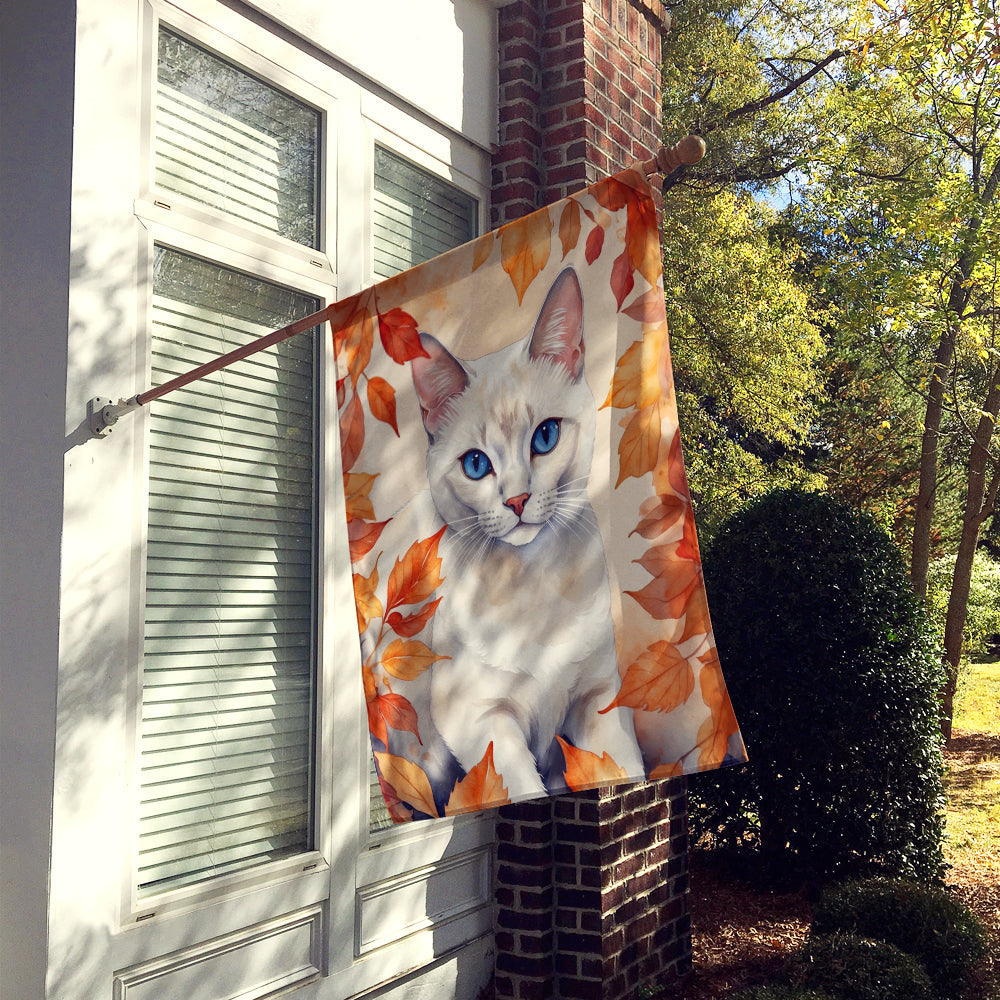 Foreign White Cat in Fall Leaves House Flag 28x40 Porch Sleeve Pole Decorative Outside Yard Banner Artwork Wall Hanging, Polyester