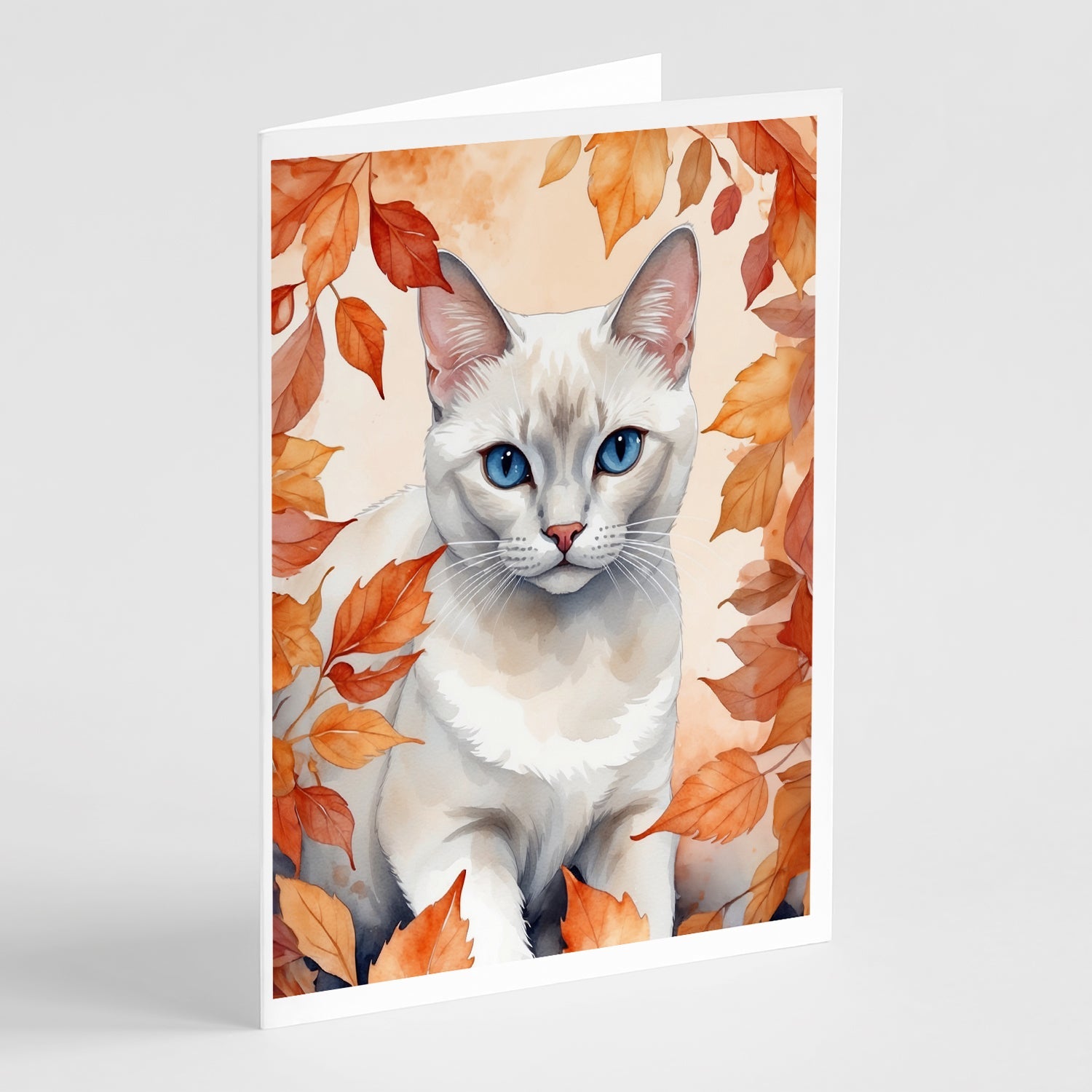 Foreign White Cat in Fall Leaves Greeting Cards Pack of 8 Blank Cards with Envelopes Whimsical A7 Size 5x7
