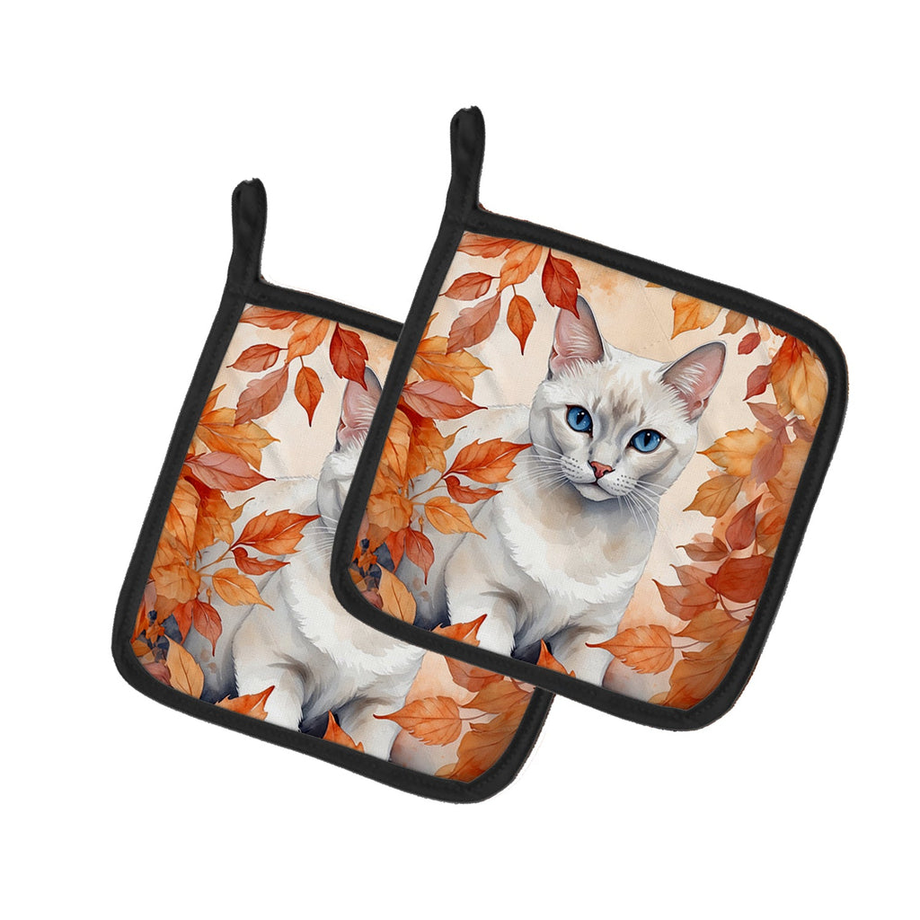 Foreign White Cat in Fall Leaves Pot Holder Set of 2 Heat Resistant Quilted Hot Pads 7.5 x 7.5 Inch, Insulated Kitchen Trivets for Cooking & Baking