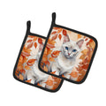 Foreign White Cat in Fall Leaves Pot Holder Set of 2 Heat Resistant Quilted Hot Pads 7.5 x 7.5 Inch, Insulated Kitchen Trivets for Cooking & Baking