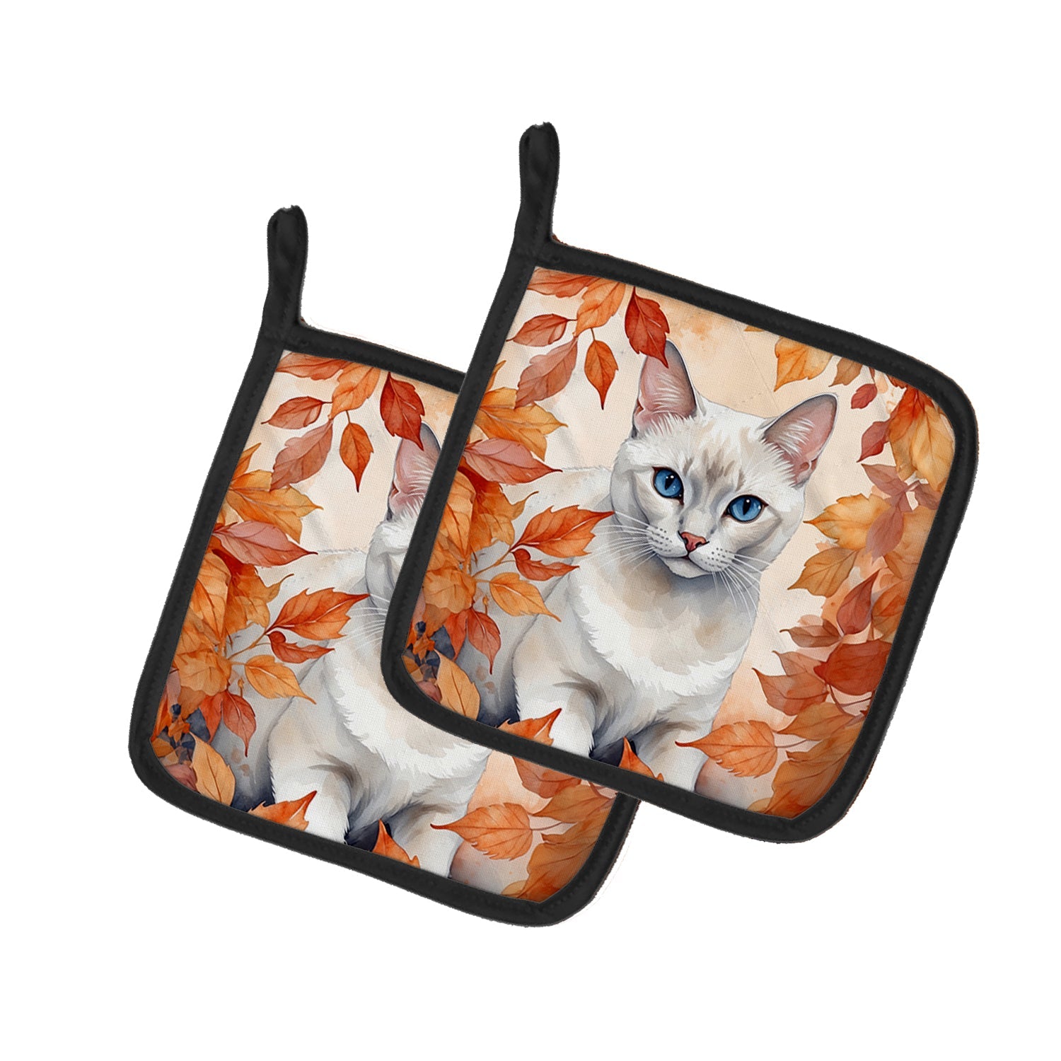 Foreign White Cat in Fall Leaves Pot Holder Set of 2 Heat Resistant Quilted Hot Pads 7.5 x 7.5 Inch, Insulated Kitchen Trivets for Cooking & Baking