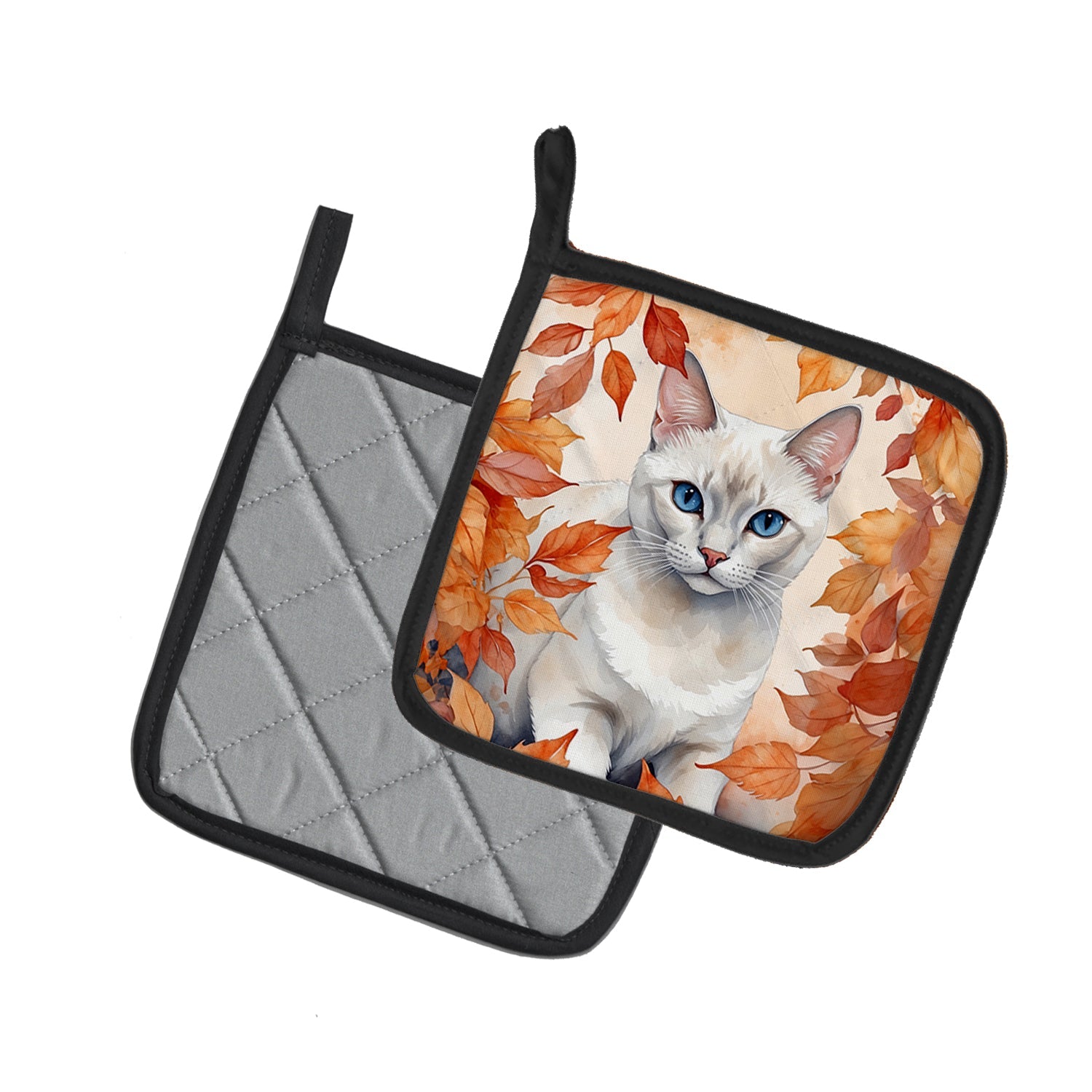 Foreign White Cat in Fall Leaves Pot Holder Set of 2 Heat Resistant Quilted Hot Pads 7.5 x 7.5 Inch, Insulated Kitchen Trivets for Cooking & Baking