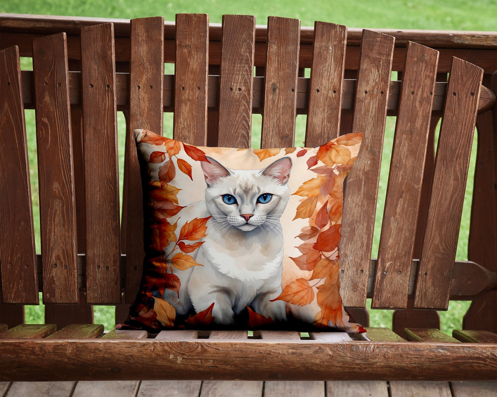 Foreign White Cat in Fall Leaves Decorative Throw Pillow 14x14 Indoor Outdoor Accent Cushion, Fabric Cover with Insert for Sofa, Bed, Porch & Living Room