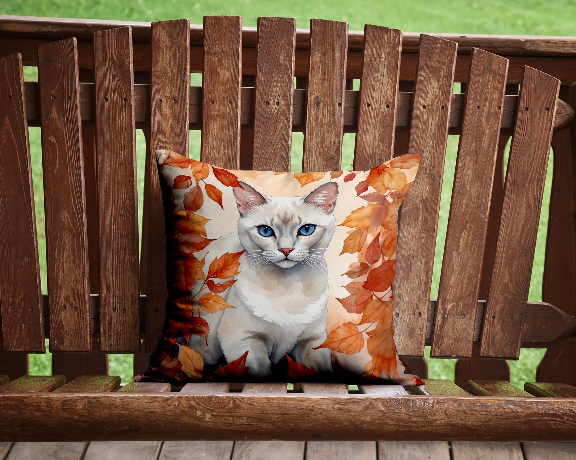 Foreign White Cat in Fall Leaves Decorative Throw Pillow 14x14 Indoor Outdoor Accent Cushion, Fabric Cover with Insert for Sofa, Bed, Porch & Living Room