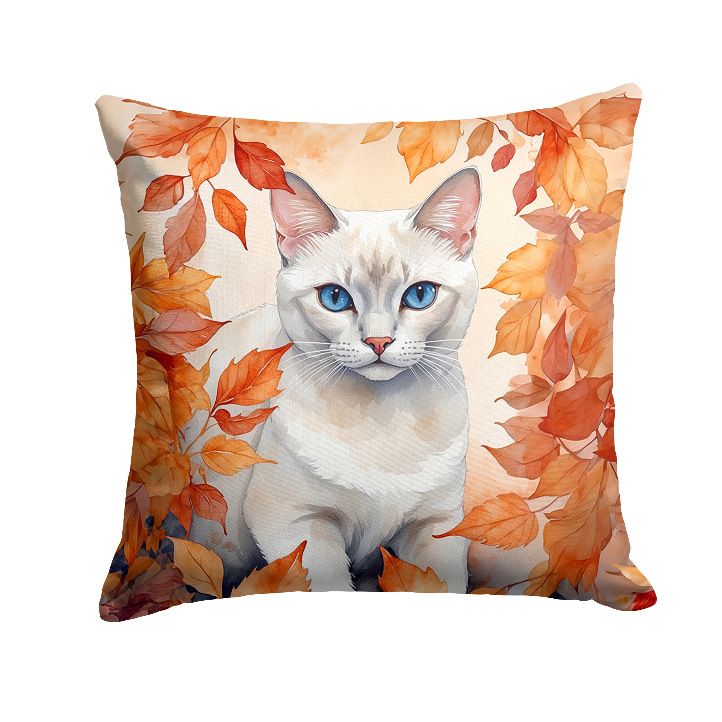 Foreign White Cat in Fall Leaves Decorative Throw Pillow 18x18 Indoor Outdoor Accent Cushion, Fabric Cover with Insert for Sofa, Bed, Porch & Living Room