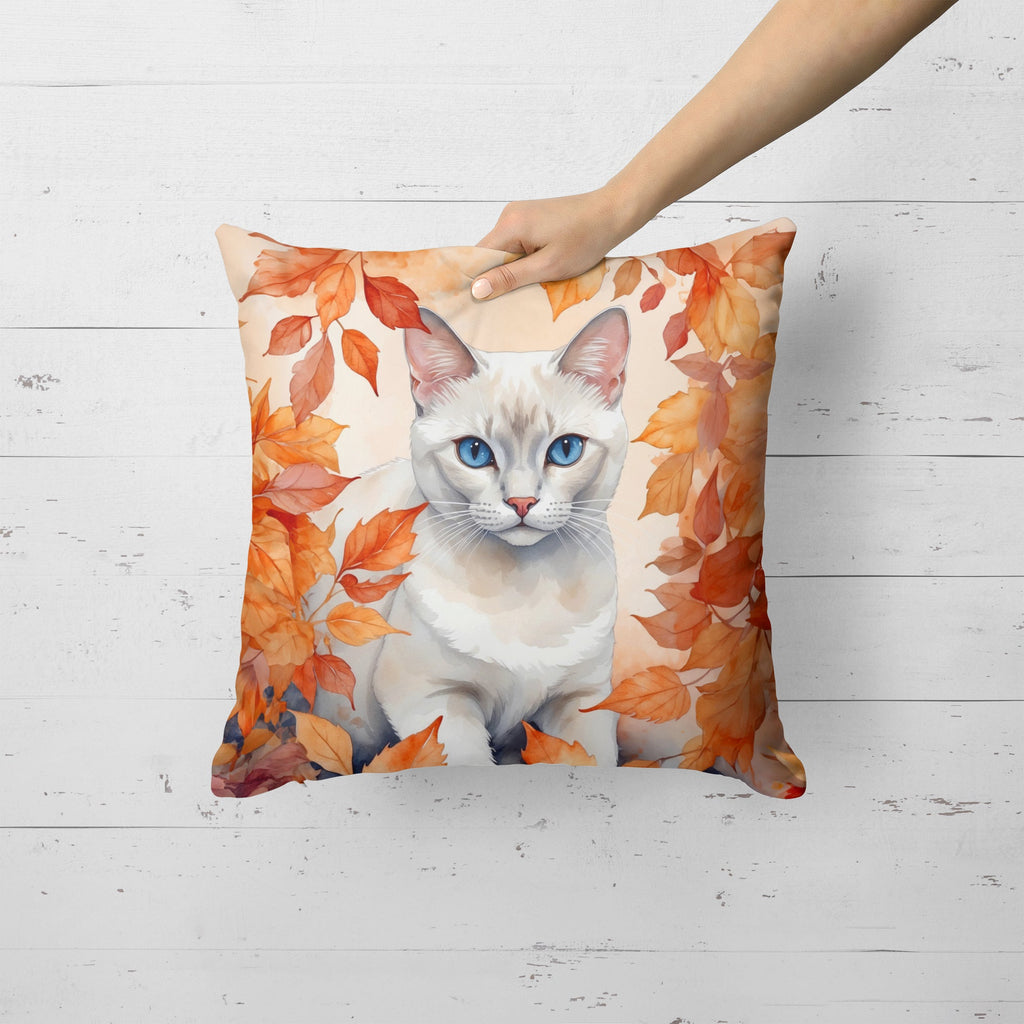 Foreign White Cat in Fall Leaves Decorative Throw Pillow 18x18 Indoor Outdoor Accent Cushion, Fabric Cover with Insert for Sofa, Bed, Porch & Living Room