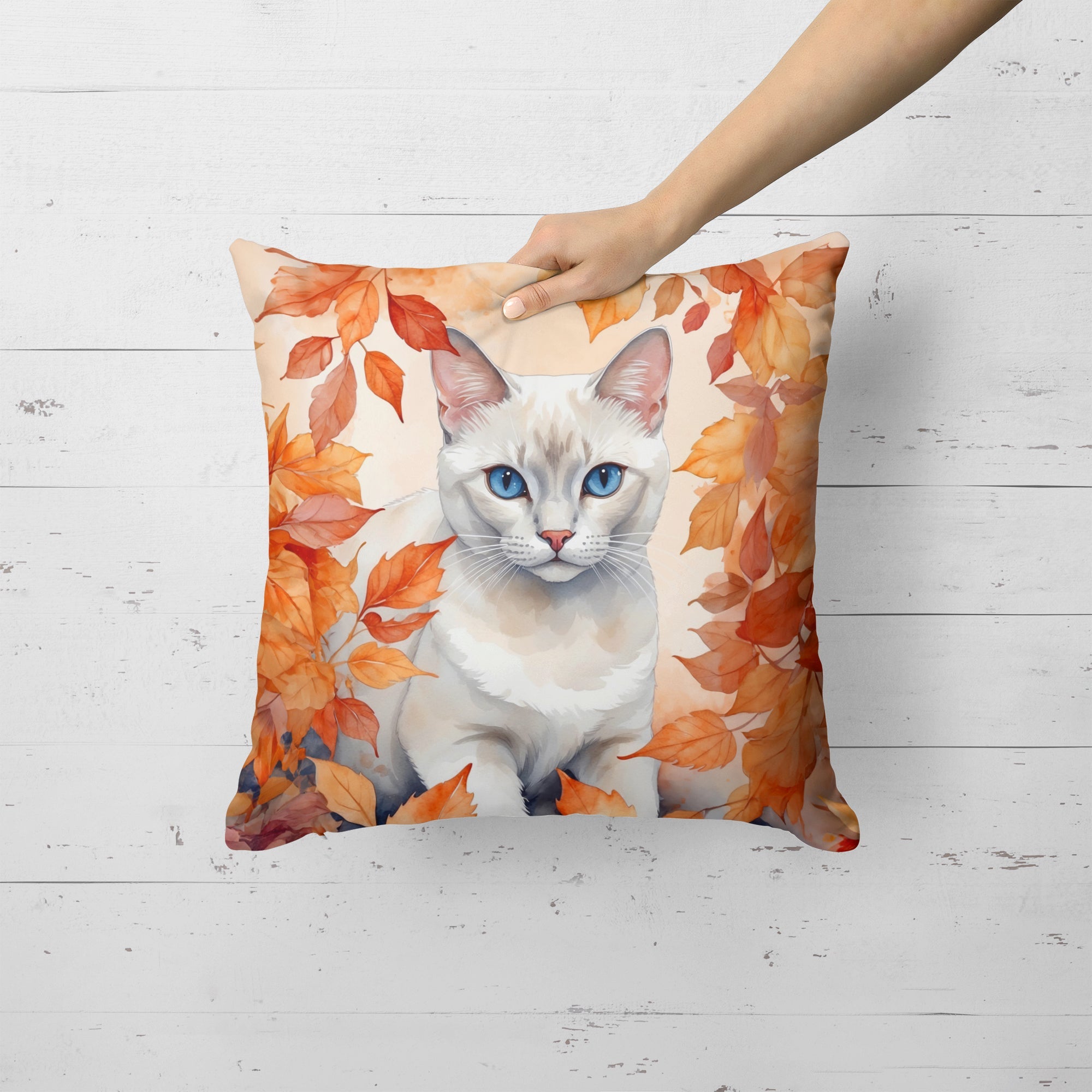 Foreign White Cat in Fall Leaves Decorative Throw Pillow 18x18 Indoor Outdoor Accent Cushion, Fabric Cover with Insert for Sofa, Bed, Porch & Living Room