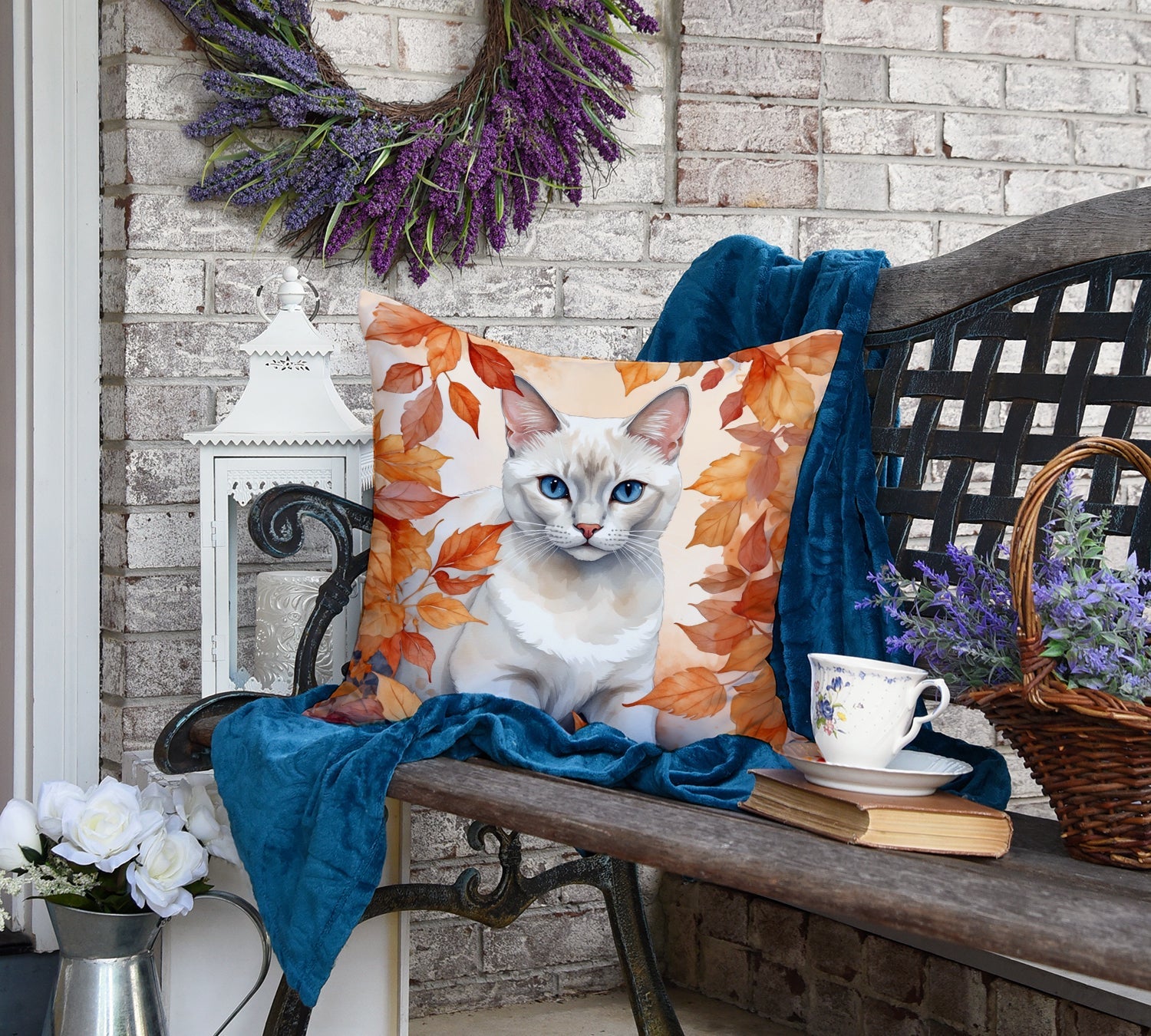 Foreign White Cat in Fall Leaves Decorative Throw Pillow 18x18 Indoor Outdoor Accent Cushion, Fabric Cover with Insert for Sofa, Bed, Porch & Living Room