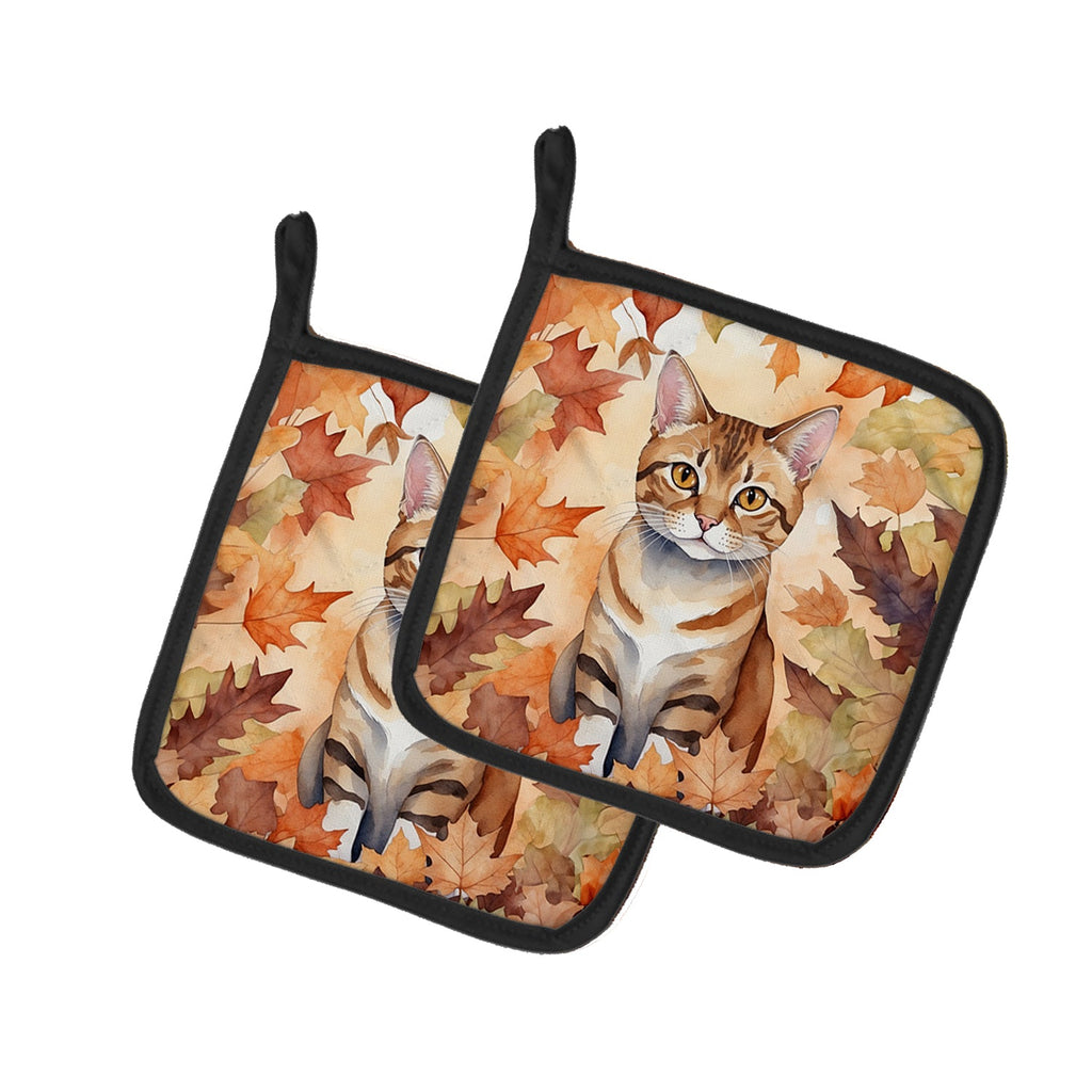 German Rex Cat in Fall Leaves Pot Holder Set of 2 Heat Resistant Quilted Hot Pads 7.5 x 7.5 Inch, Insulated Kitchen Trivets for Cooking & Baking