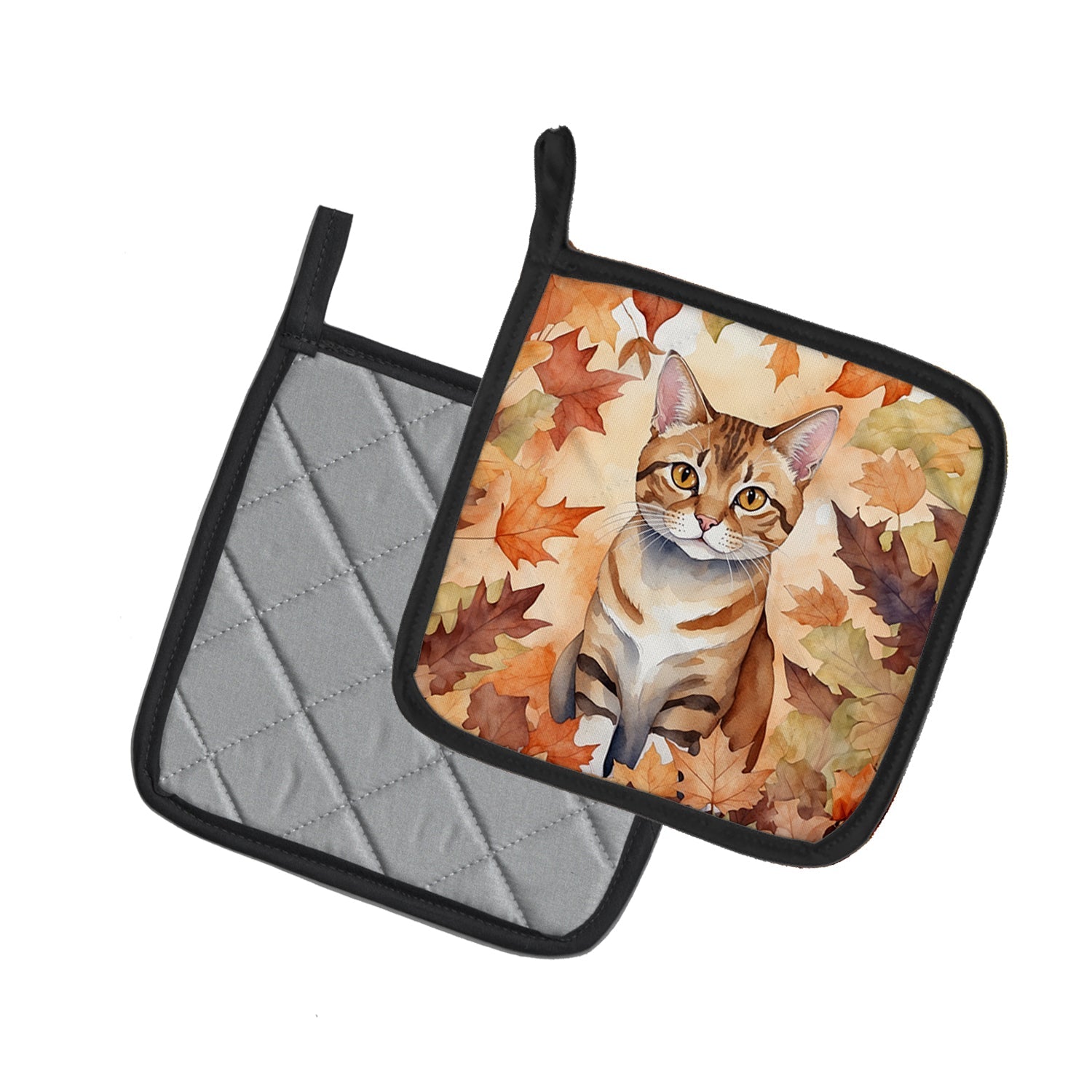 German Rex Cat in Fall Leaves Pot Holder Set of 2 Heat Resistant Quilted Hot Pads 7.5 x 7.5 Inch, Insulated Kitchen Trivets for Cooking & Baking