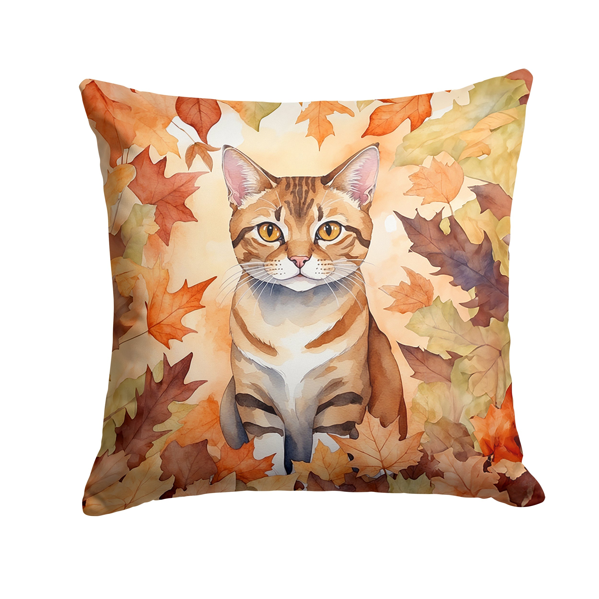 German Rex Cat in Fall Leaves Decorative Throw Pillow 14x14 Indoor Outdoor Accent Cushion, Fabric Cover with Insert for Sofa, Bed, Porch & Living Room