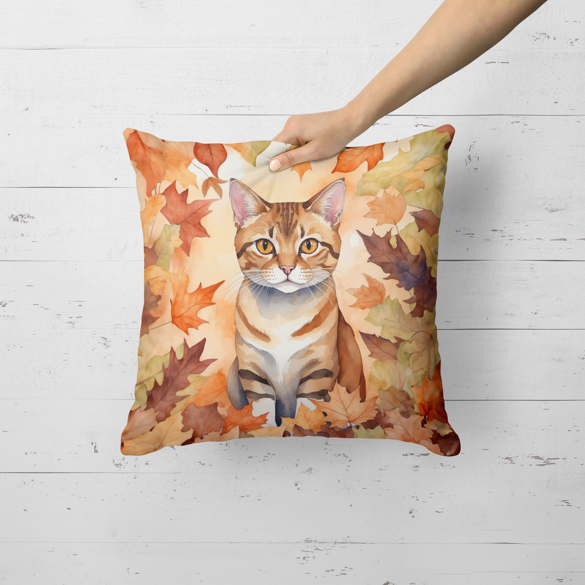 German Rex Cat in Fall Leaves Decorative Throw Pillow 18x18 Indoor Outdoor Accent Cushion, Fabric Cover with Insert for Sofa, Bed, Porch & Living Room